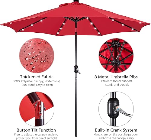 Miniatura 3 de Yaheetech Sombrilla solar de 9 pies para patio, 32 luces LED, 8 varillas con botón de inclinación y sistema de elevación de manivela para jardín,