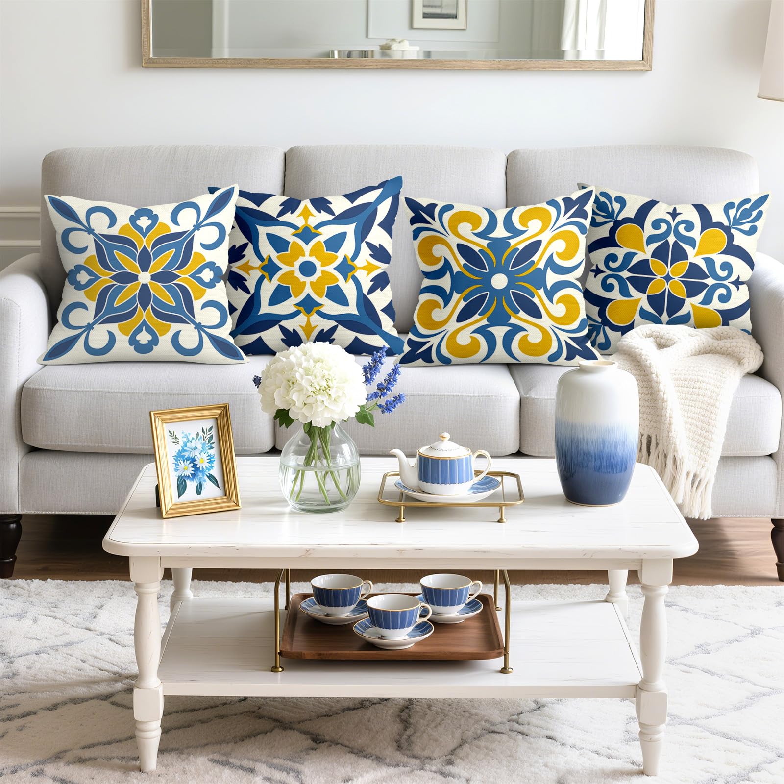 Fundas Cojines 45x45 Juego de 4 Funda de Almohada Flor Azul Mediterráneo Cojines Fundas Floral Geométrico Marroquí Mandala Cojine Decorativas para Sofá Salón Silla