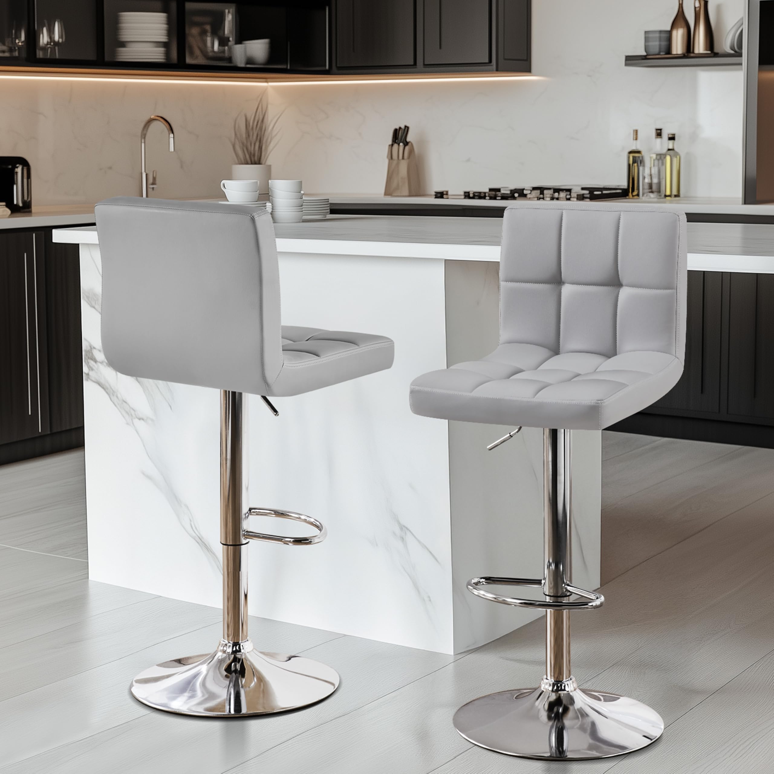 Yaheetech Bar Stools Set of 2, PU Leather Adjustable Barstools, Modern Counter Stools with Back and Footrest, Counter Height Barstools for Bar, Kitchen, Dining Room, Light Gray