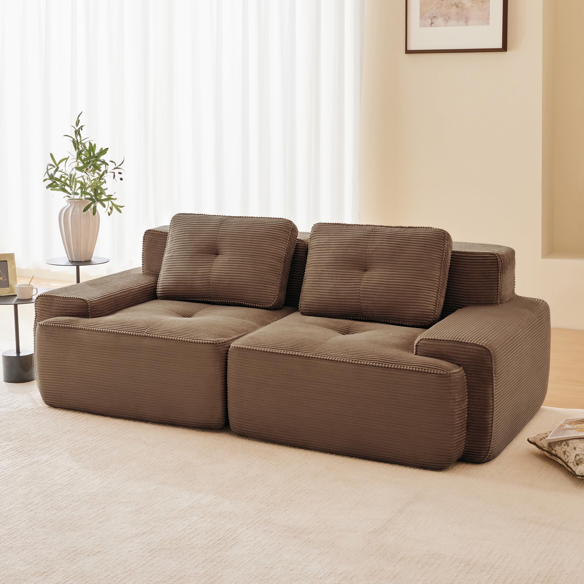 Boneless Sofá modular, moderno para salón con asiento bajo de 74 cm, sofá de pana, sofá tapizado en la nube combinable, para salón (marrón, 2S)