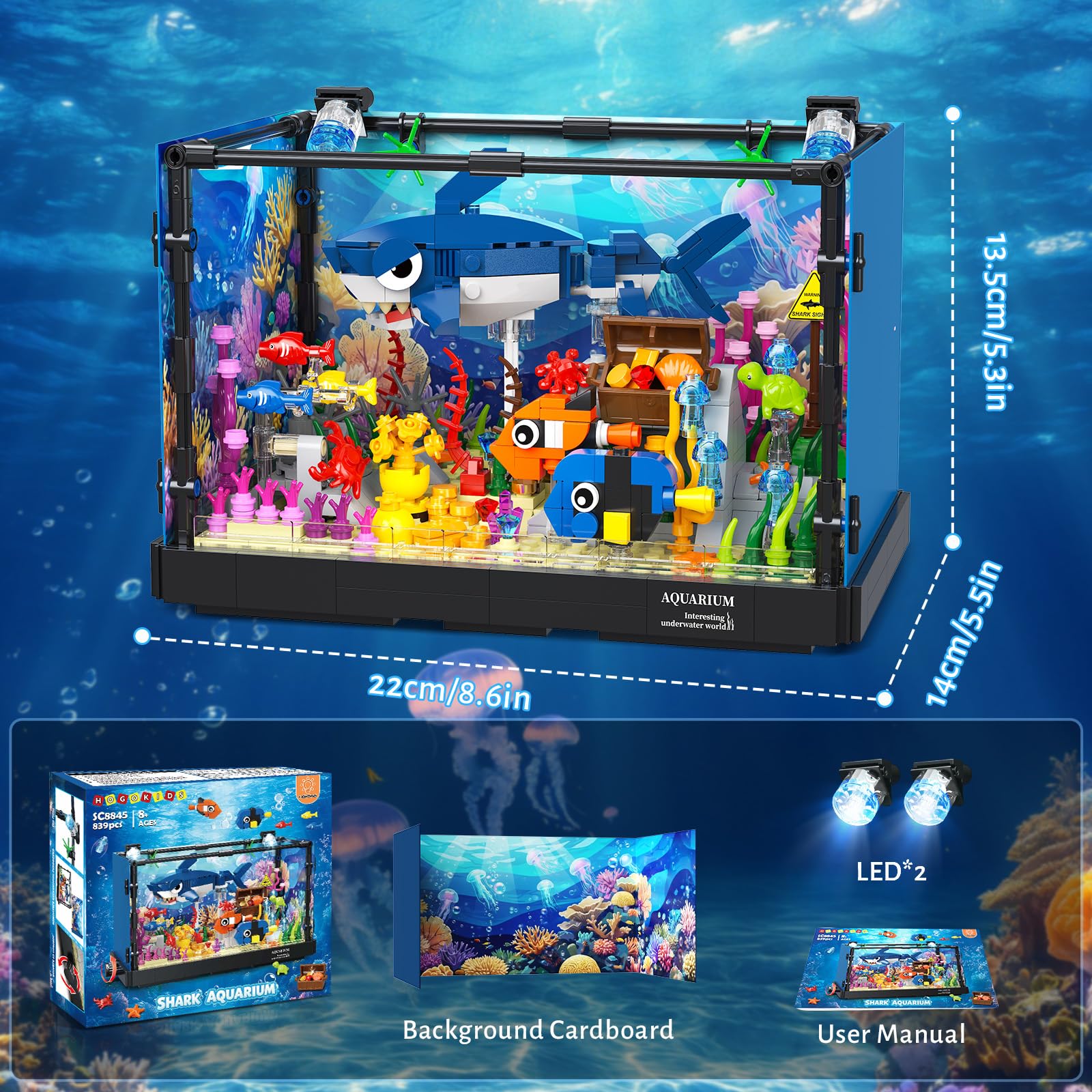 HOGOKIDS Technik Hai Aquarium Bauspielzeug mit Licht für Jungen ab 8 Jahren | Bewegliches Fish Tank Spielzeug mit Hai Figur, Schatztruhe & Meerestieren, Weihnachten Geburtstag Geschenk für Kinder Mädchen