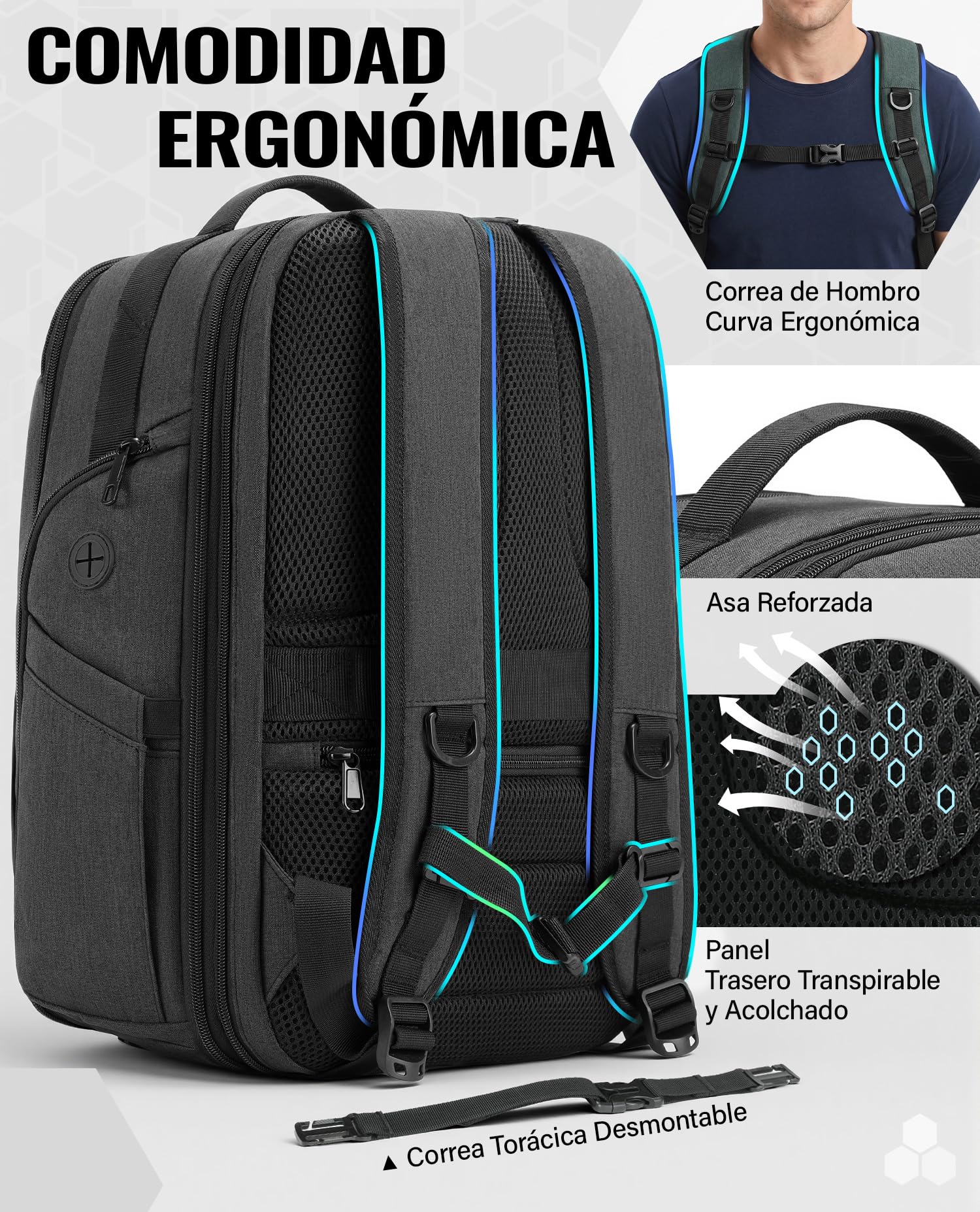 VANKEV Mochila de Viaje Expandible Equipaje de Mano para EasyJet Bolsa PC | 30L-38L, Gran Capacidad, Mochila Ligera para Portátil 17", Mochila de Viaje Casual para Hombre y Mujer, Gris Basalto