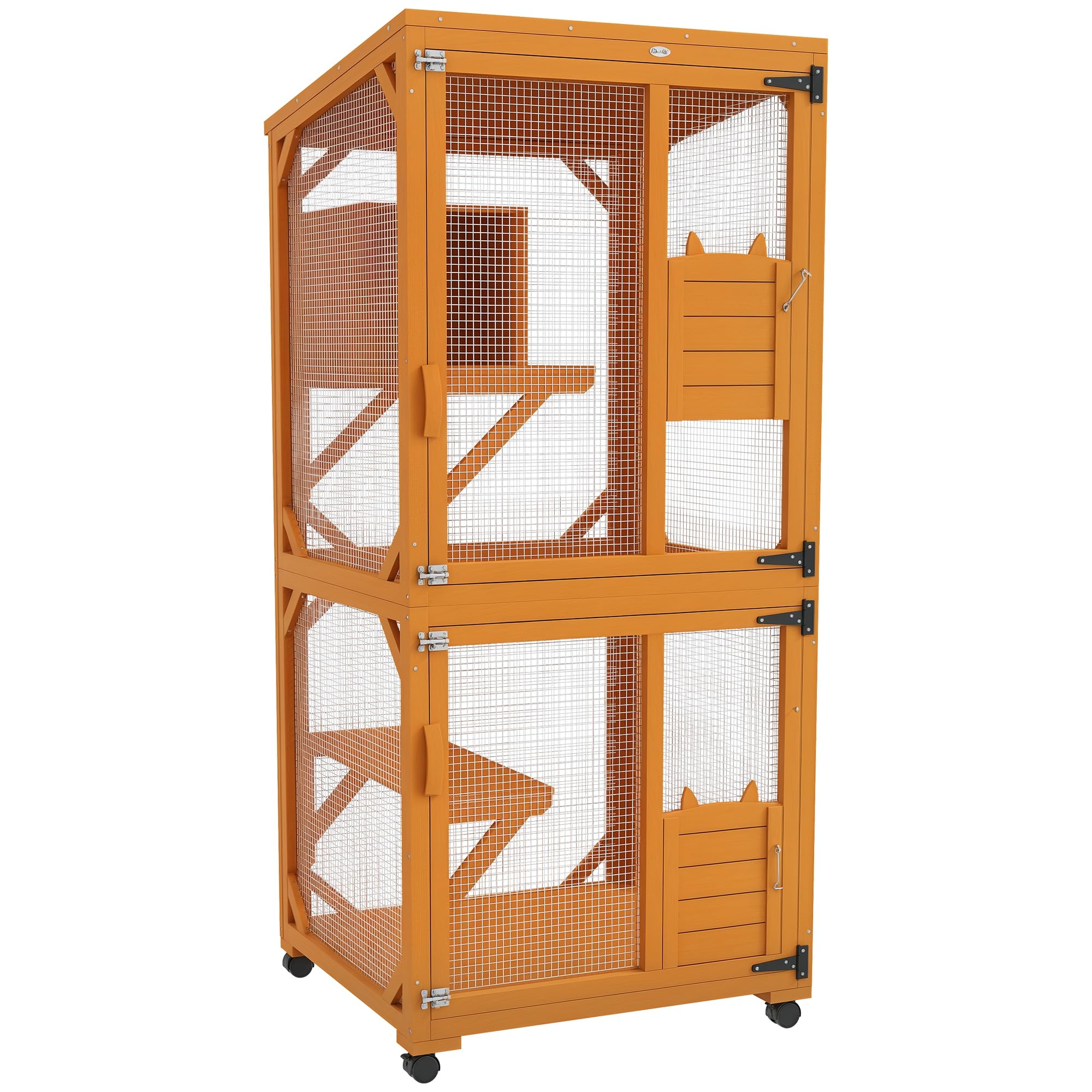 PawHut Wooden Catio with Waterproof Roof, Large Cat House with High-Up Resting Box, Indoor & Outdoor Cat Enclosure with Wheels, for 1-3 Cats, Orange