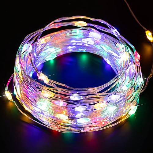 Miniatura 1 de Guirnalda de luces multicolor de 40 pies, 120 luces LED impermeables de luciérnaga estrellada con cable plateado, perfecta para manualidades,