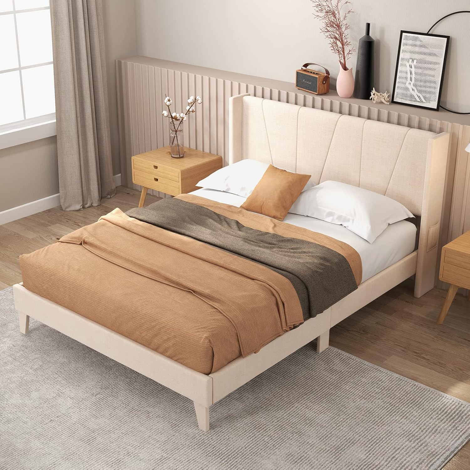 Giantex Queen Bed Frame with Geometric Wingback Headboard, Modern Beige