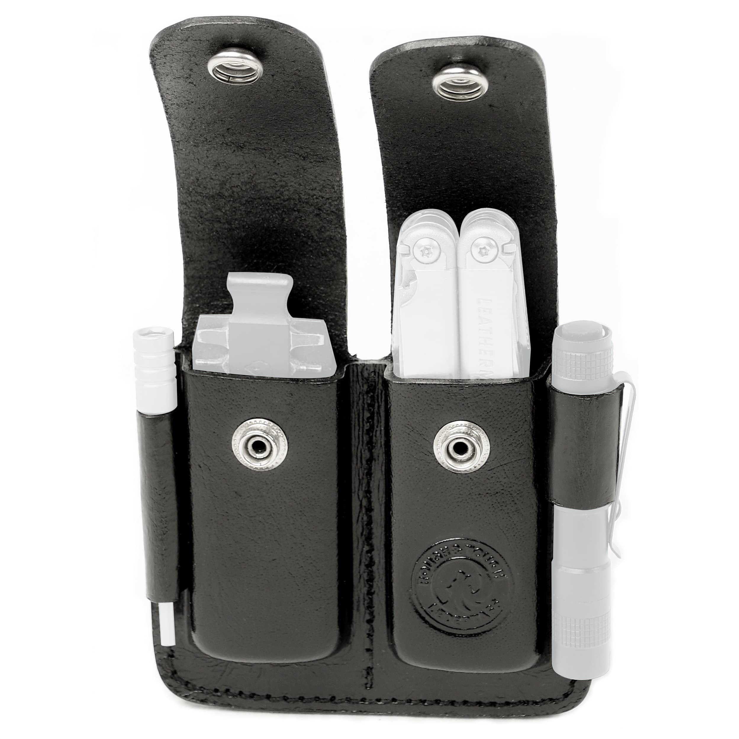 Lederholster für Leatherman und andere Multitools zum Tragen am Gürtel, Platz für Bit Kit und Extender, braun/schwarz, klein für Wave, groß für Mut