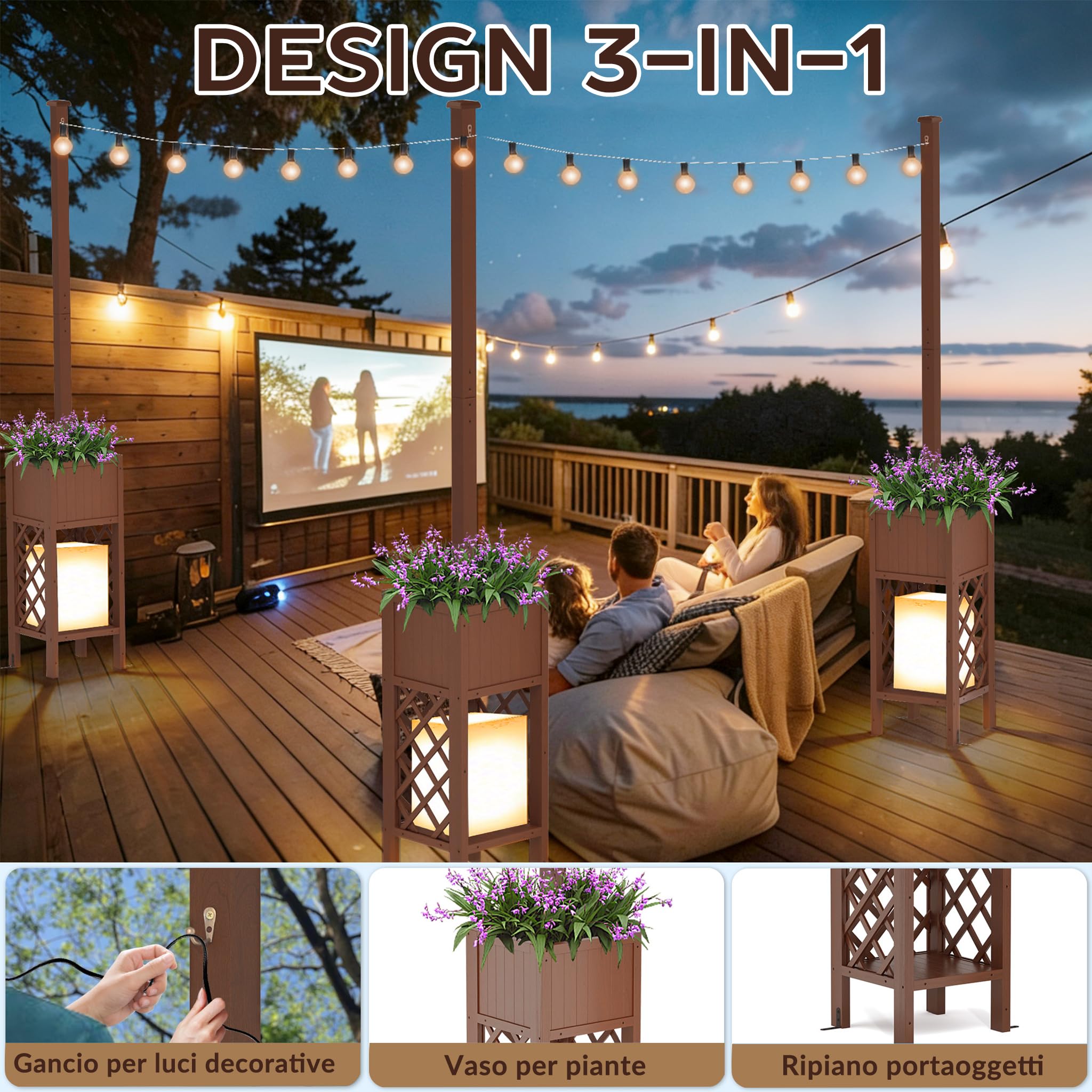 Set di 2 Pali per Catene Luminose da Esterno con Fioriera, Altezza 264cm, Legno Massiccio Resistente alle Intemperie & Antivento, Supporto 3-in-1 per Giardino, Terrazzo & Matrimoni (Senza Decorazioni)