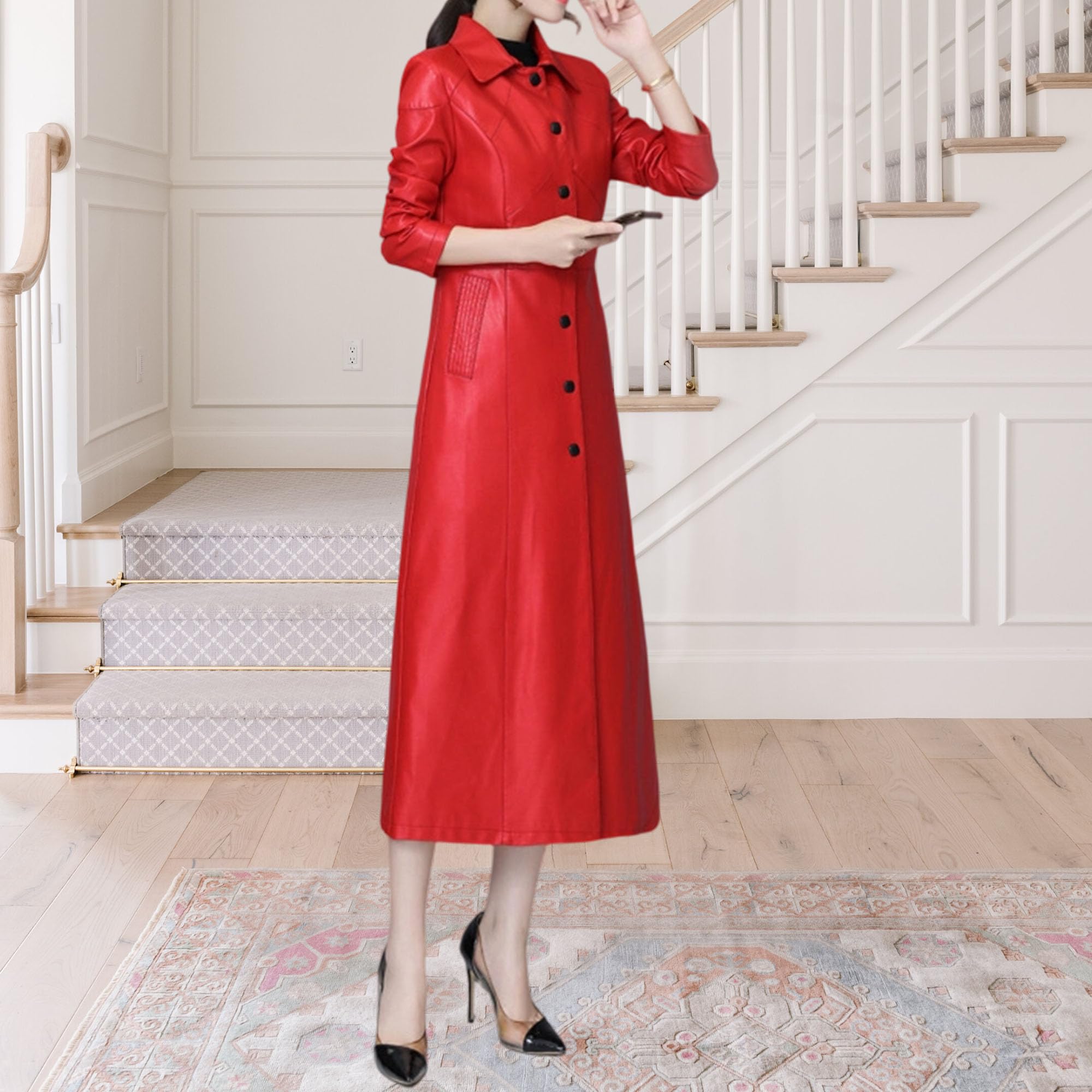 Cappotto lungo da donna in ecopelle con cintura, giacca esterna alla moda