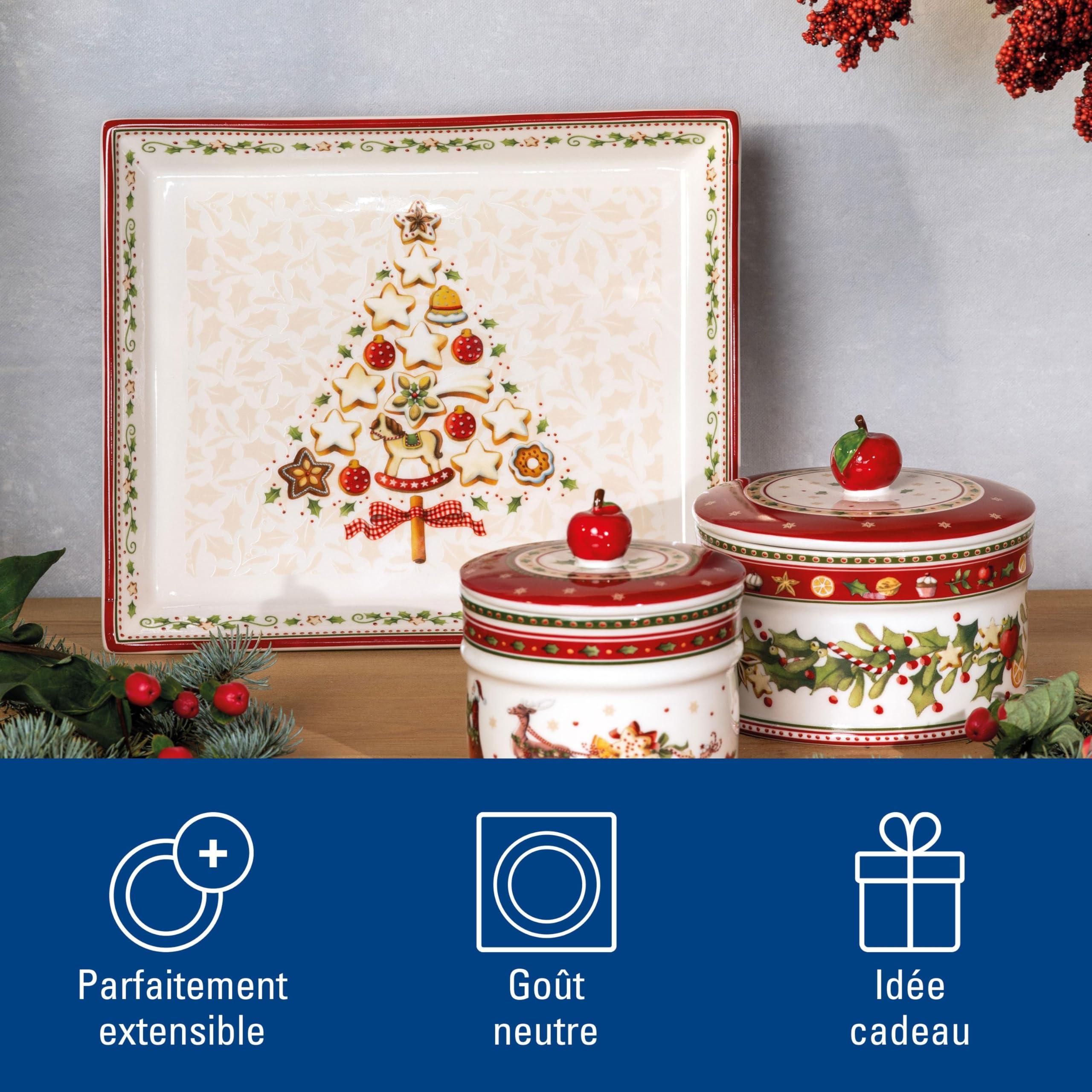 Villeroy & Boch Winter Bakery Delight Petit plat de service rectangle pour pâtisseries, Porcelaine Premium, Blanc/Rouge/Beige