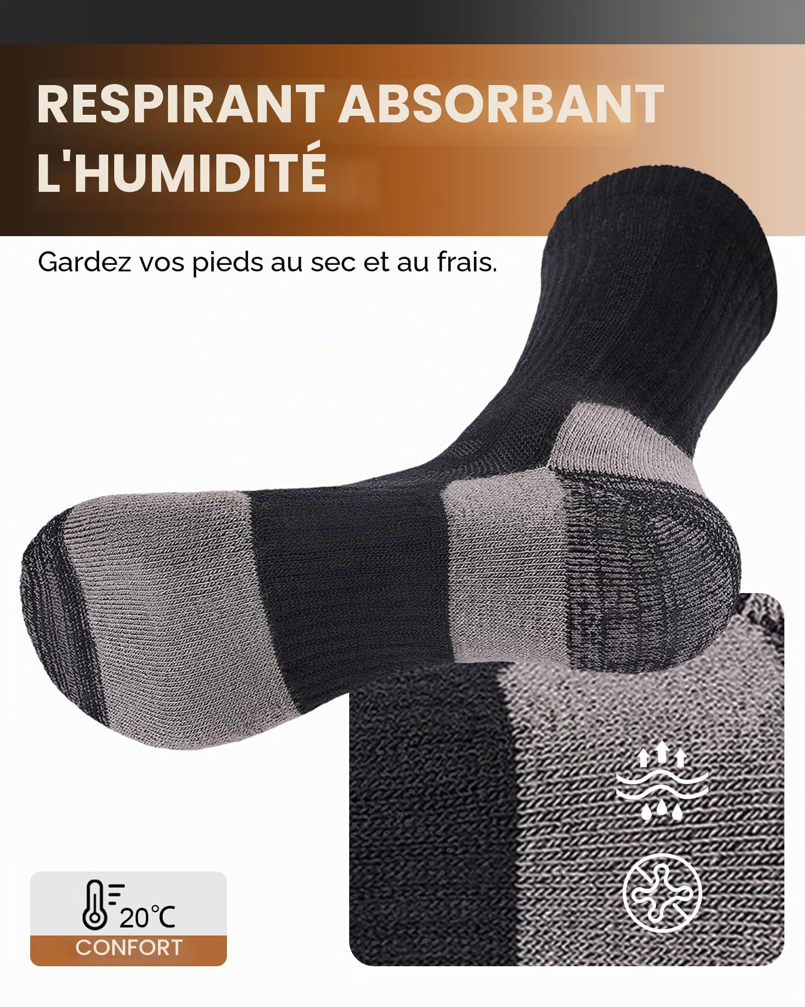 SockWaddles Chaussettes Randonnée Homme Femme Laine Mérinos Respirantes Amortissantes Trekking Course 3 Paires