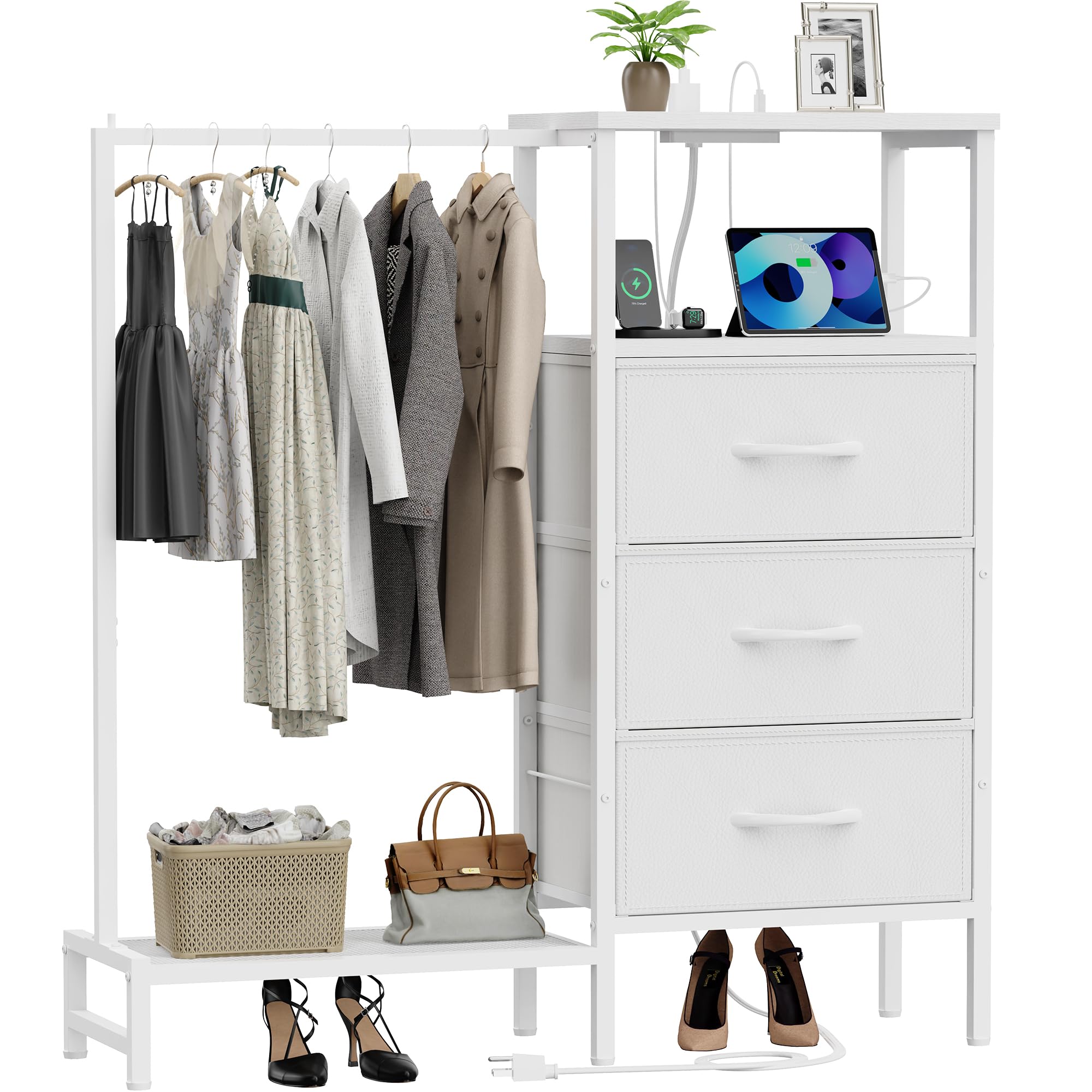 Dresser for Bedroom with Hanging Rack 3 Drawers Closet with Charging Station Faric Chest of Drawers with Clothes