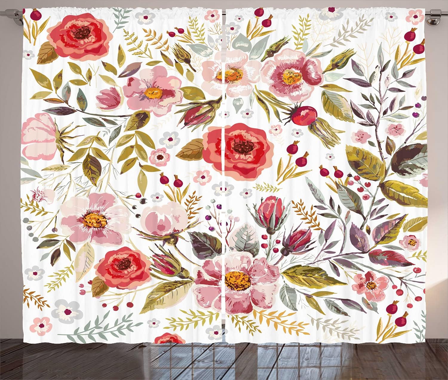 Ambesonne Vintage Curtains, Hand Drawn Style Floral Theme with Inspired by Romantic Flower and Leaves Foliage Spring Illustration, Living Room Bedroom Window Drapes 2 Panel Set, 108" X 84", Pink Cream