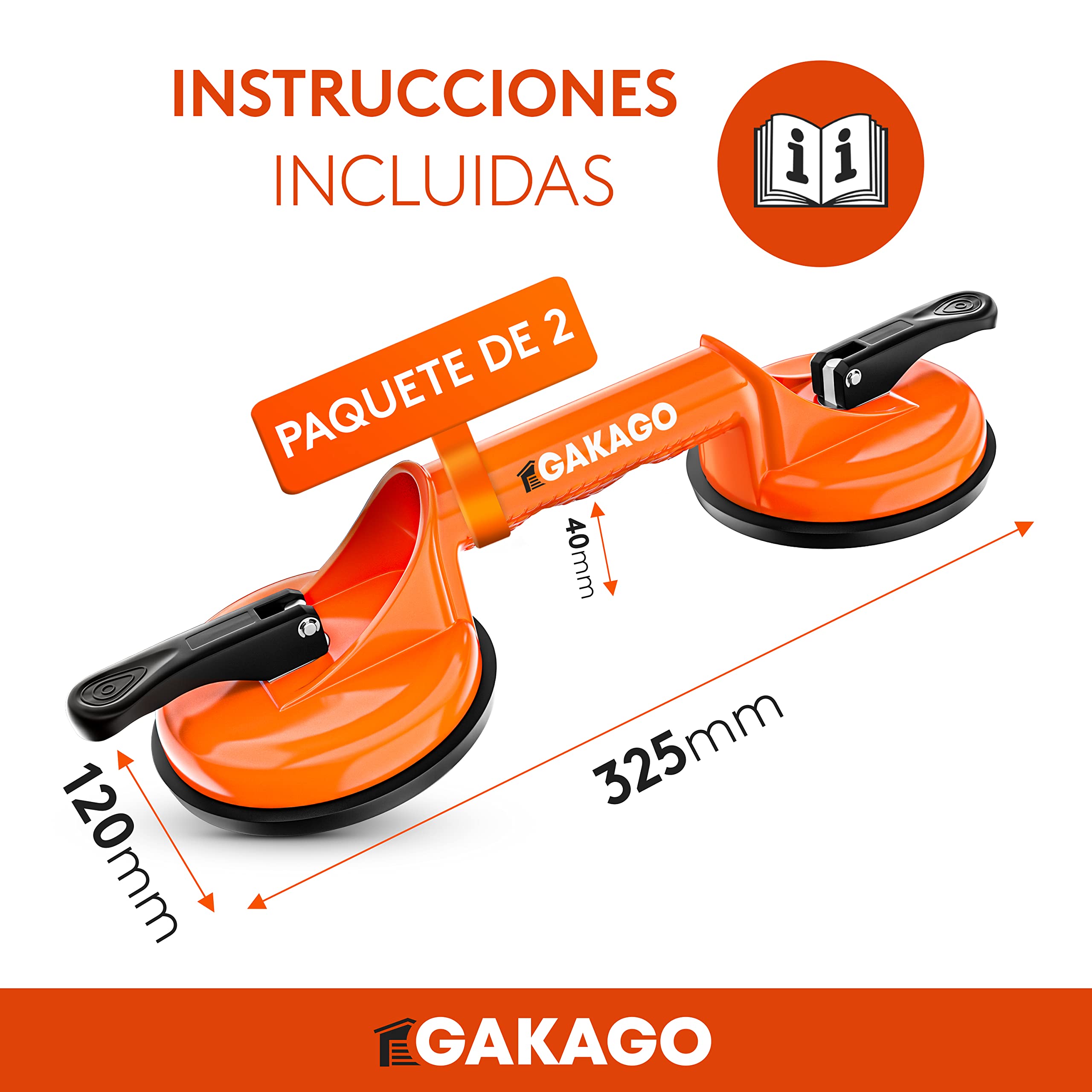 Gakago Ventosa (paquete de 2) - Asas de succión ergonómicas y antideslizantes - Ventosa con capacidad de carga de 120 kg para transportar baldosas, laminados, paneles y vidrio