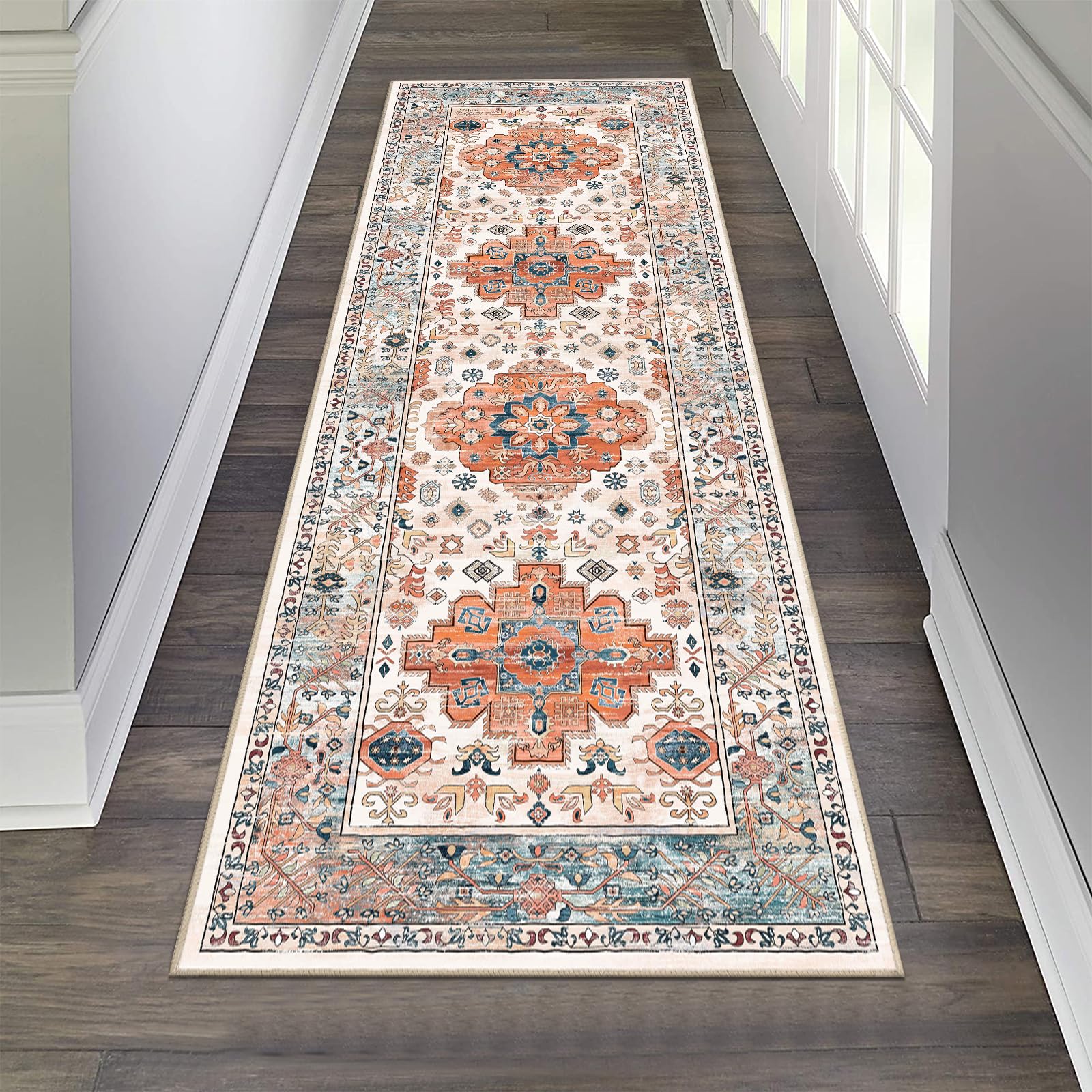 Tapis de couloir antidérapant et lavable en machine style rustique coloré Pauwer