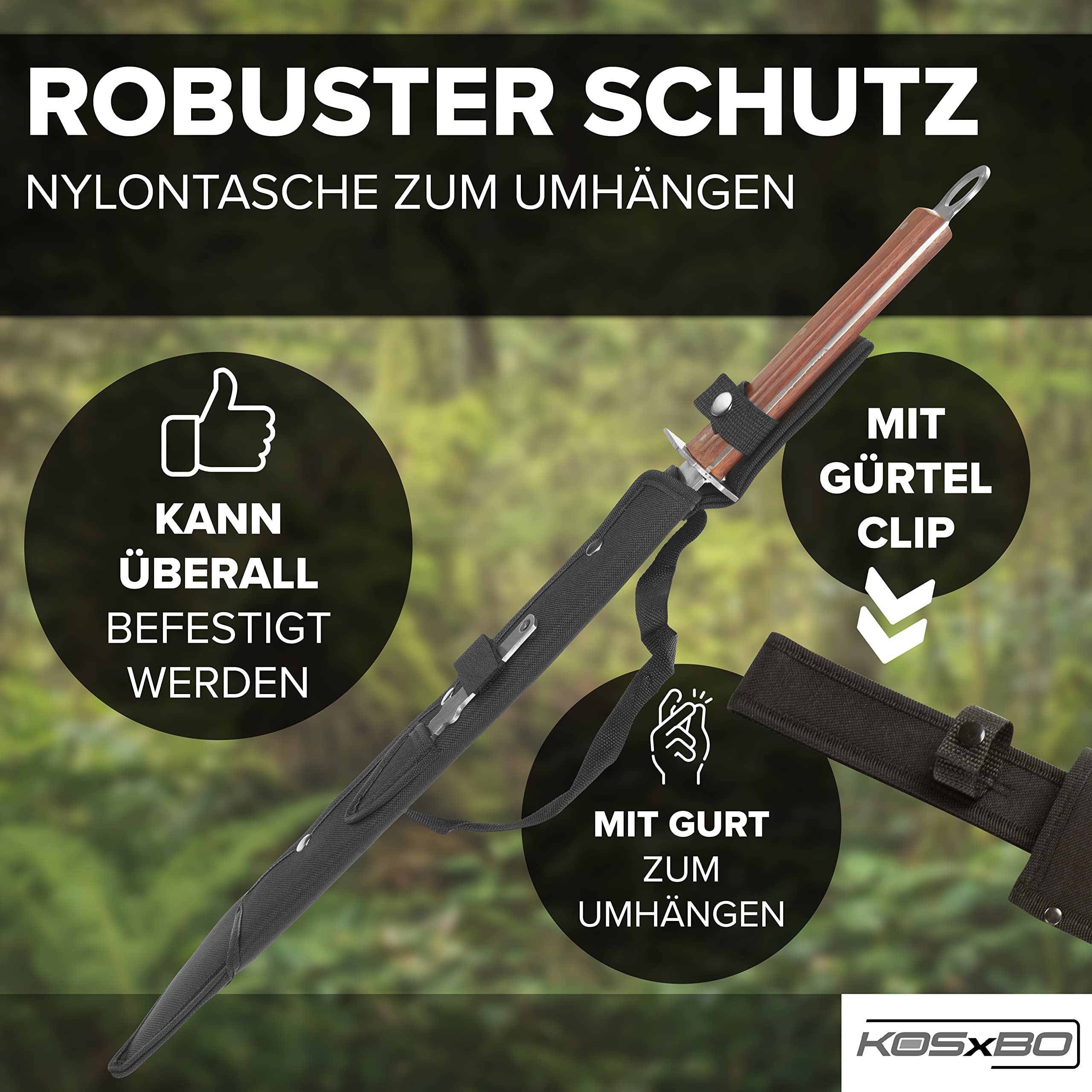 KOSxBO XXL SET Machete Survival 69 cm incl. Wurfmesser im FULL TANG Blade Style Zombie Dead Hunter Macheten Buschmesser aus Edelstahl, silber edelstahl rot holz braun