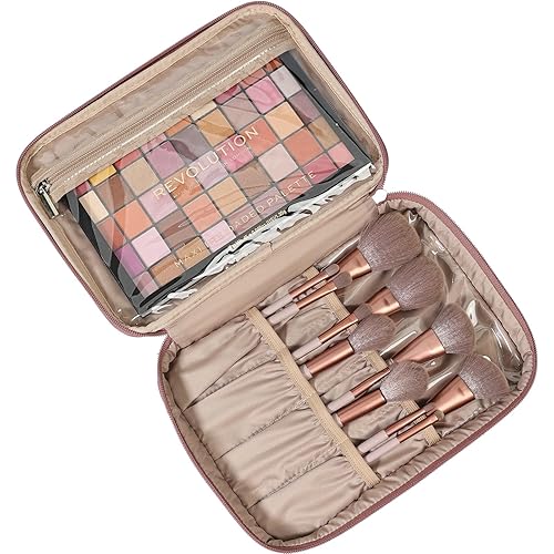 Miniatura 2 de NISHEL Bolsa de maquillaje de viaje de doble capa con correa, organizador grande para cosméticos que se adapta a botellas verticalmente, capa