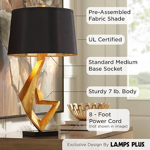 Miniatura 3 de Possini Euro Design Zeus - Lámpara de mesa de lujo moderna de mediados de siglo, 28.5 pulgadas de alto, hoja de oro escultórica, tela negra,