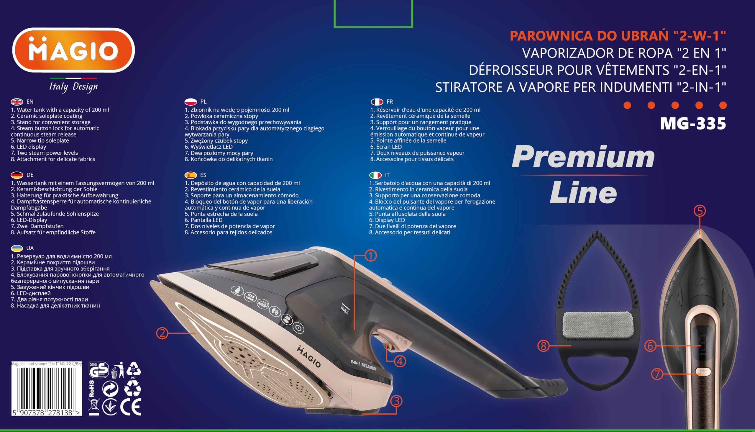 Magio Parownica i Żelazko Parowe 2w1 – 1800W, 30g/min Pary, 180°C Antybakteryjnie, Pionowe i Poziome Użycie, Ceramiczna Stopa, LED, Auto-Off, 200 ml