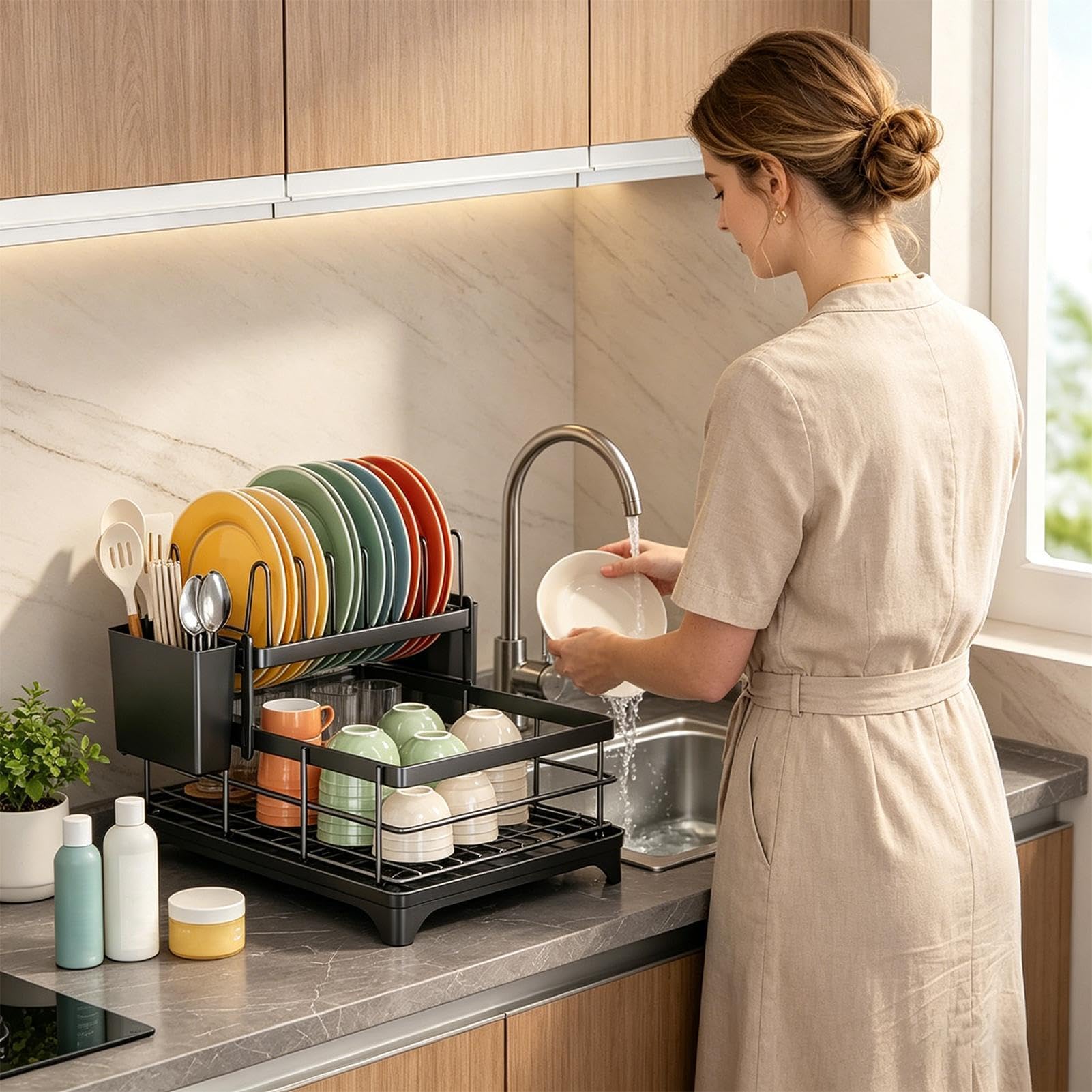 Escurridor para Platos Resistente al Óxido, Escurridor de 2 Niveles para | Organizador De Platos De Gran Capacidad Para Hogar Restaurante Hotel Apartamento Granja Camping Armarios