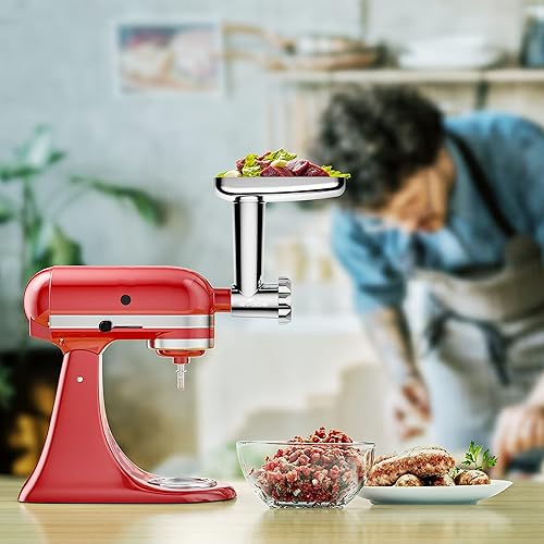 Miniatura 7 de Accesorio de molinillo de alimentos de acero inoxidable para batidora de pie KitchenAid molinillo de carne duradero incluye 3 rellenos de salchichas