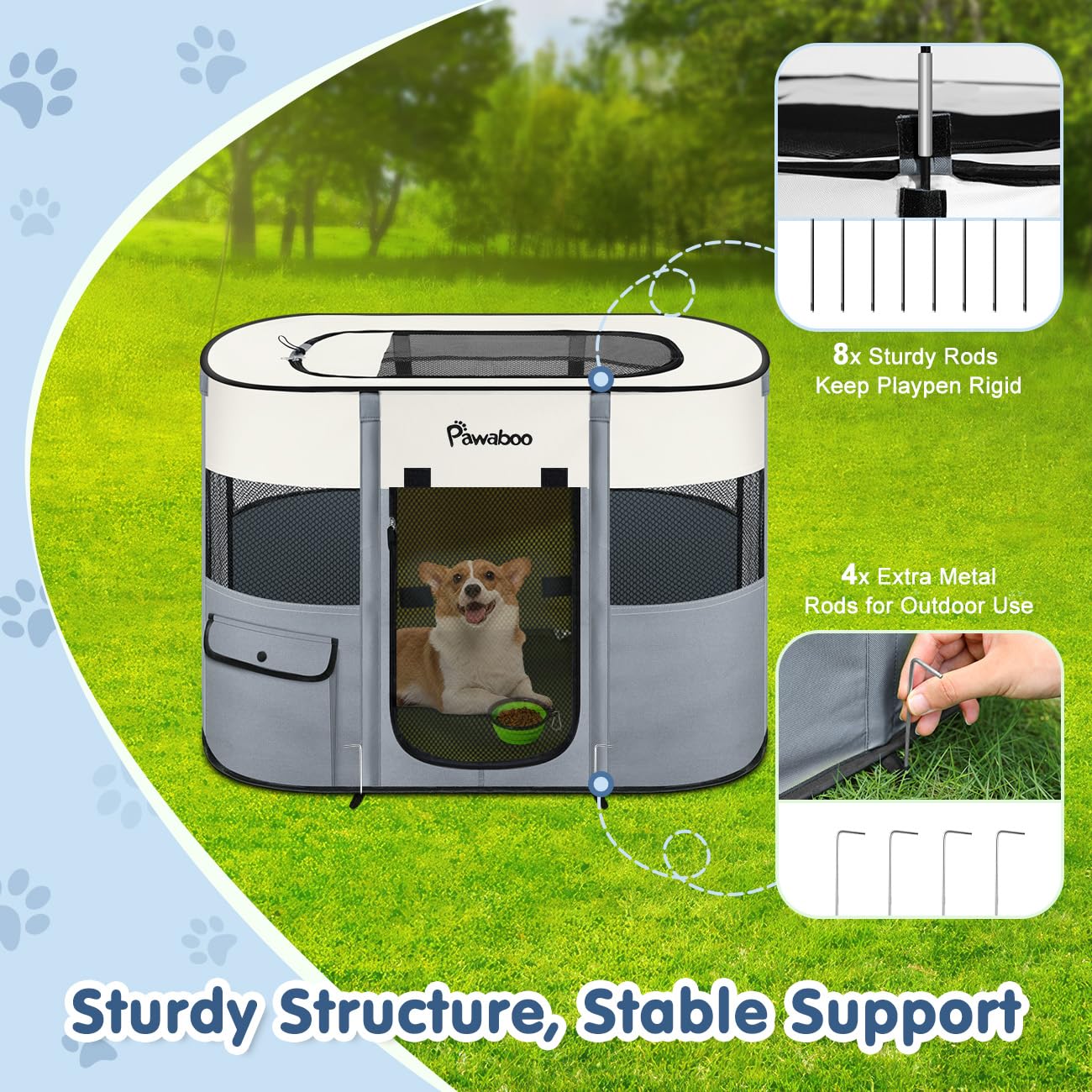 Pawaboo Parc Enclos Pliable Chien Chat, Enclos Intérieur Extérieur Portable, Cage Clôture Tente d'exercice en Tissu Oxford pour Petits Animaux, avec Bol à Nourriture, L, Gris