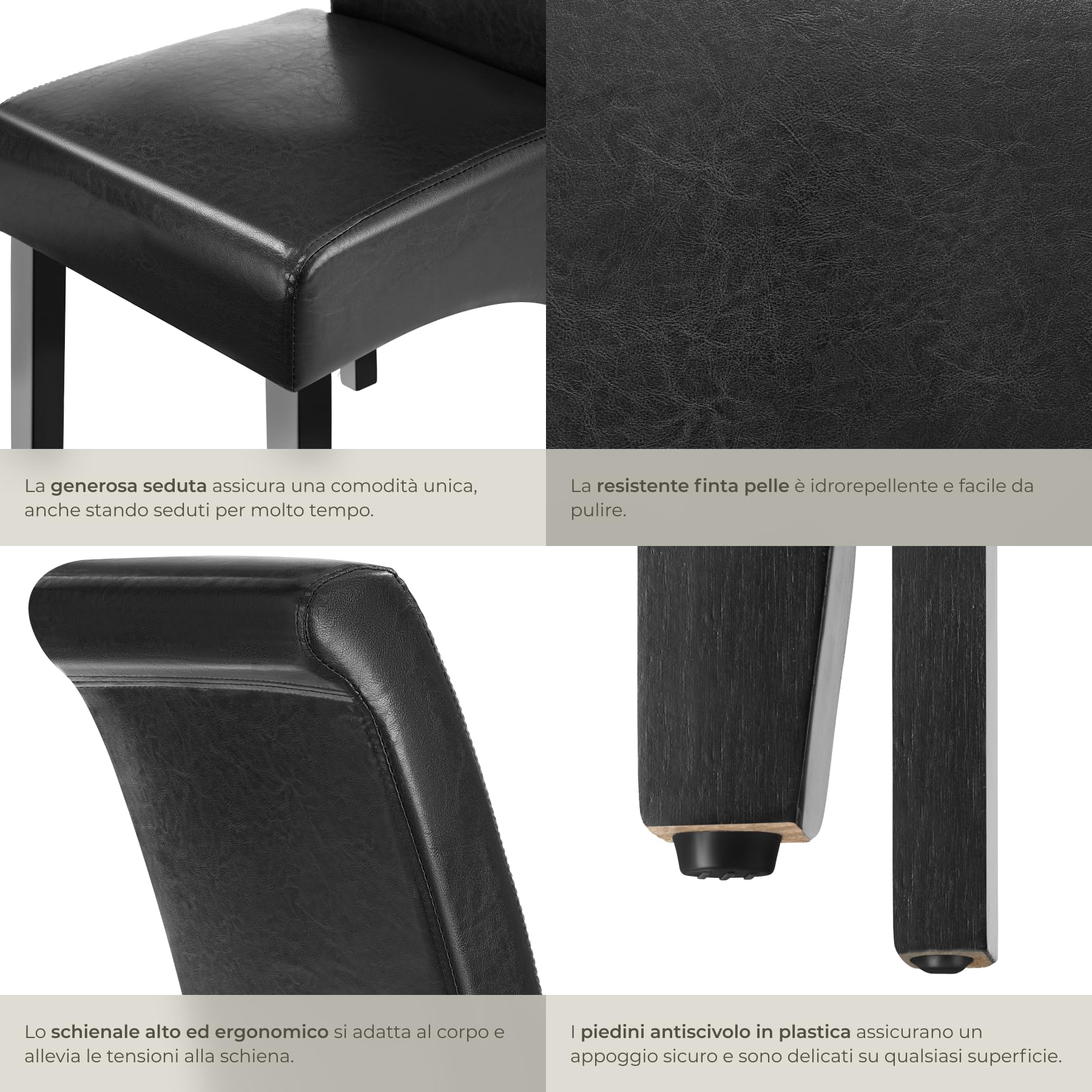 tectake® Set 6 Sedie Sala da Pranzo Ergonomiche, Sedie Moderne Sala da Pranzo con Gambe in Legno Massiccio, Sedie Comode per Ideali per Soggiorno e Cucina, Design Elegante - Nero