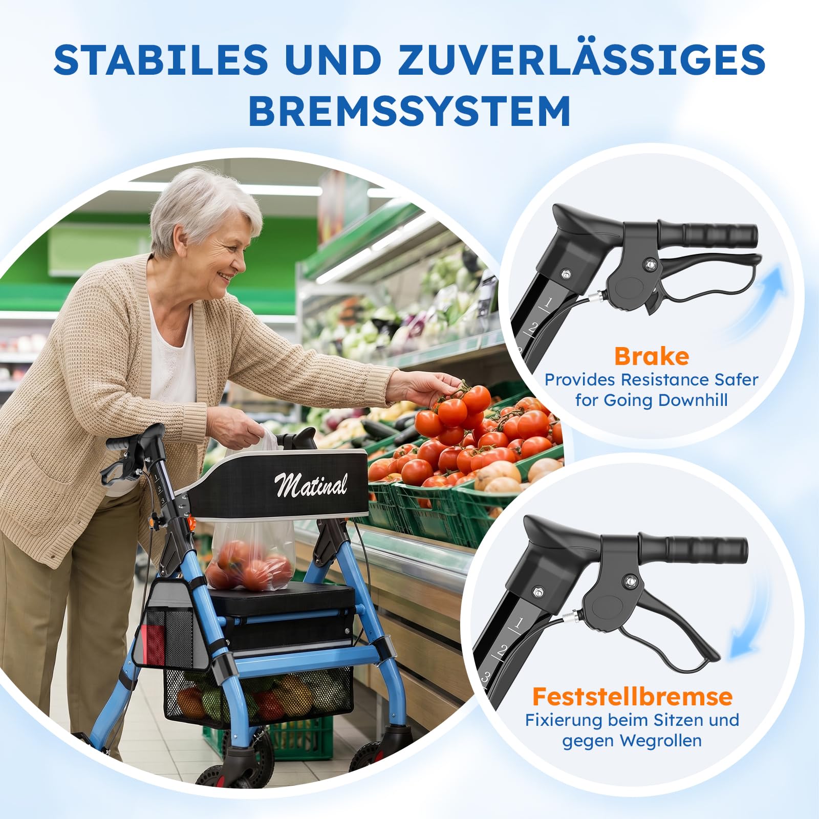 Andador de exterior con asiento para personas mayores, andador plegable con neumáticos de goma maciza para cualquier terreno, ruedas grandes de 8 pulgadas, andadores de aluminio ajustables en