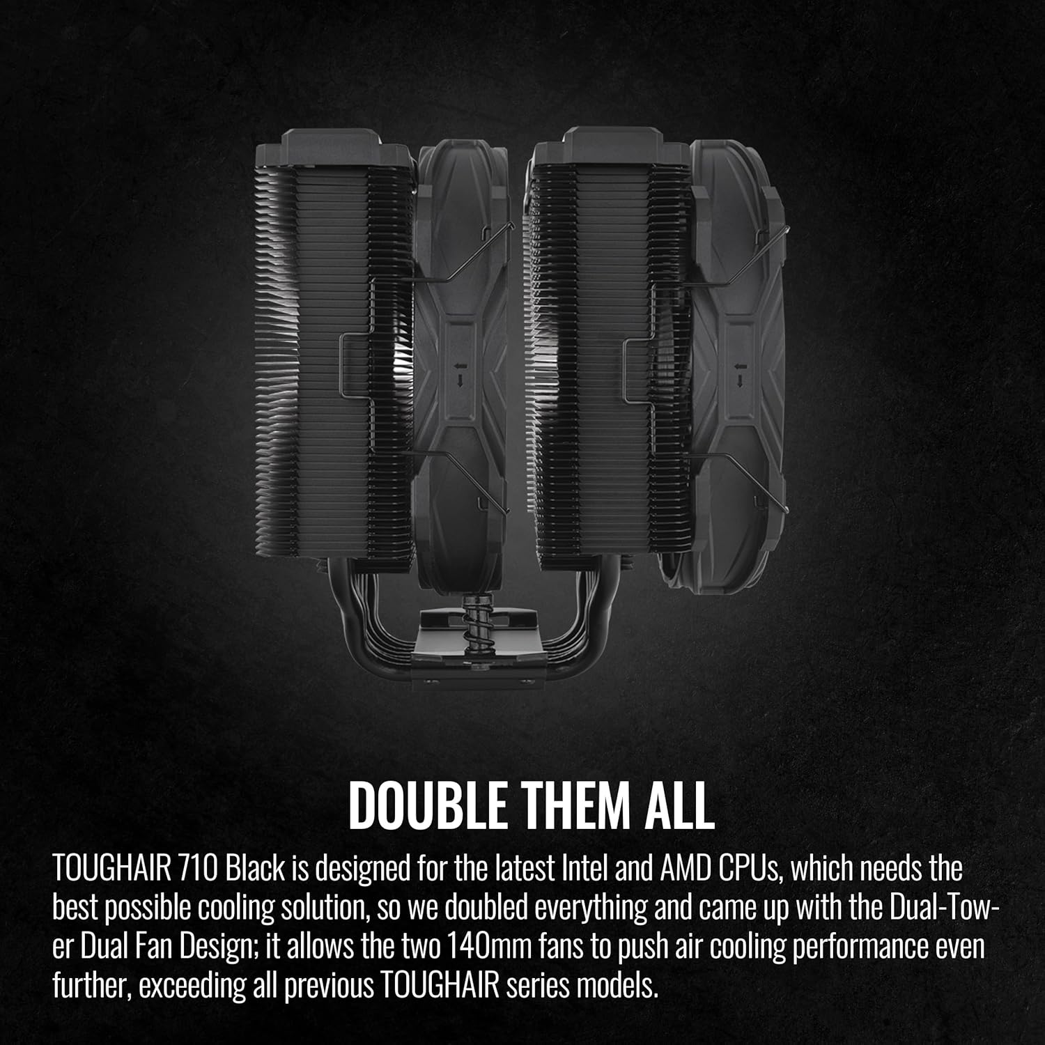 Thermaltake TOUGHAIR 710 Black Edition 250W TDP CPU Cooler, Intel LGA 1851/1700/1200, AMD AM5/AM4, Dual-Tower Dual Fan Design, Copper Base with 7 Heat Pipes, CL-P117-CA14BL-A