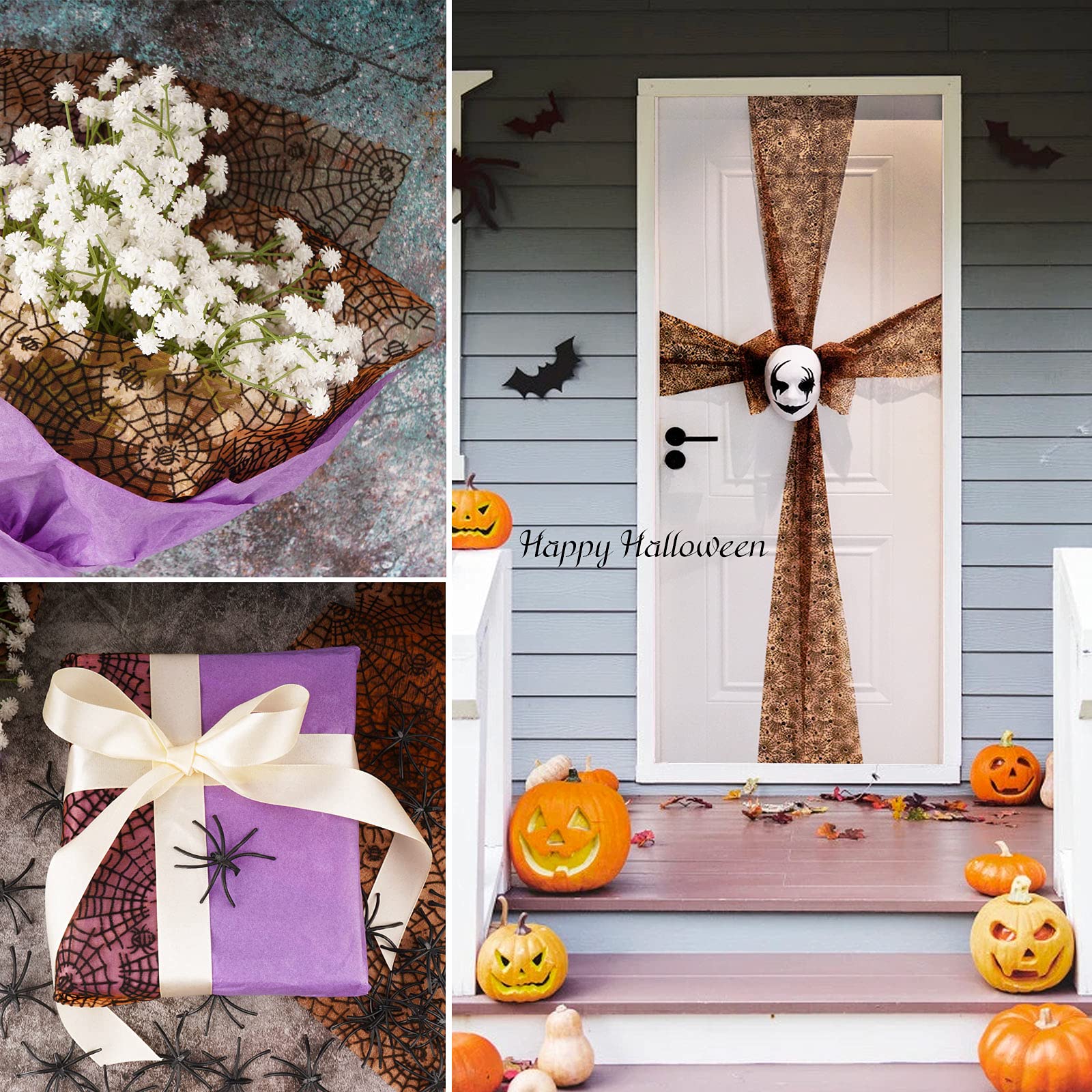 Halloween Tischläufer-Set - 3 Stück Spinnennetz Muster | Transparenter Polyester-Tüll