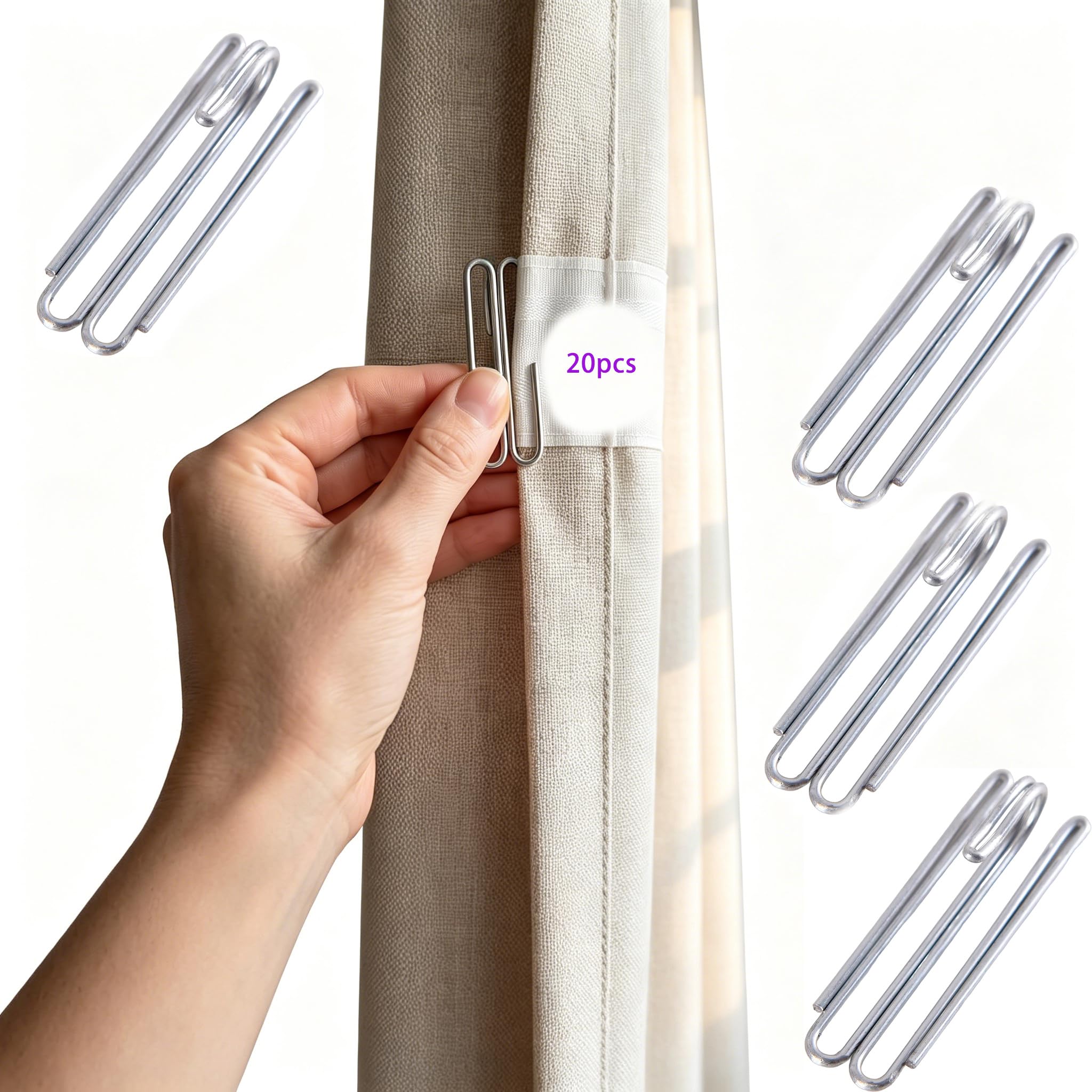 20 Pack Silver Metal Curtain Pleat Hooks, Heavy Duty Pinch Pleat Clips with Long Prongs for Drapery Tape, Suitable for Living Room and Bedroom Blackout Curtains