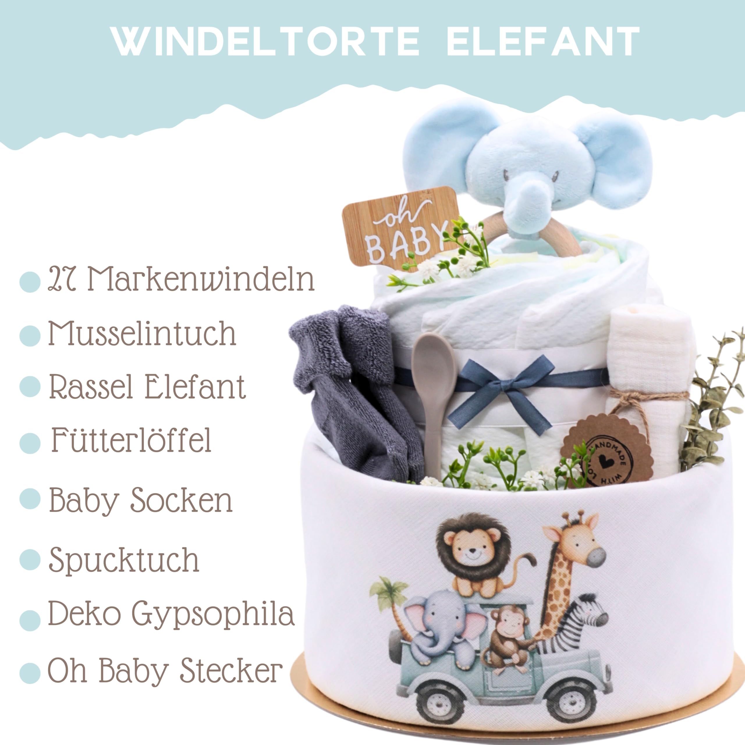 Trend Mama® Windeltorte | Elefant |mit Musselintuch, Holzrassel Elefant, Breilöffel,Spucktuch,Babysocken | Babygeschenk Geburt (Hellblau)
