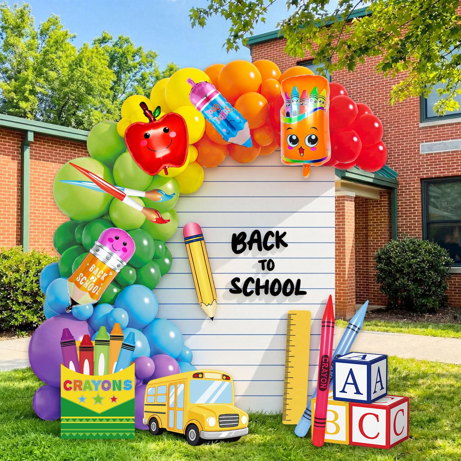 Kit de arco de guirnalda de globos para el regreso a la escuela, 168 piezas, con telón de fondo, globos arcoíris, globos de aluminio, cajas de autobús ABC, decoración de crayones inflables para