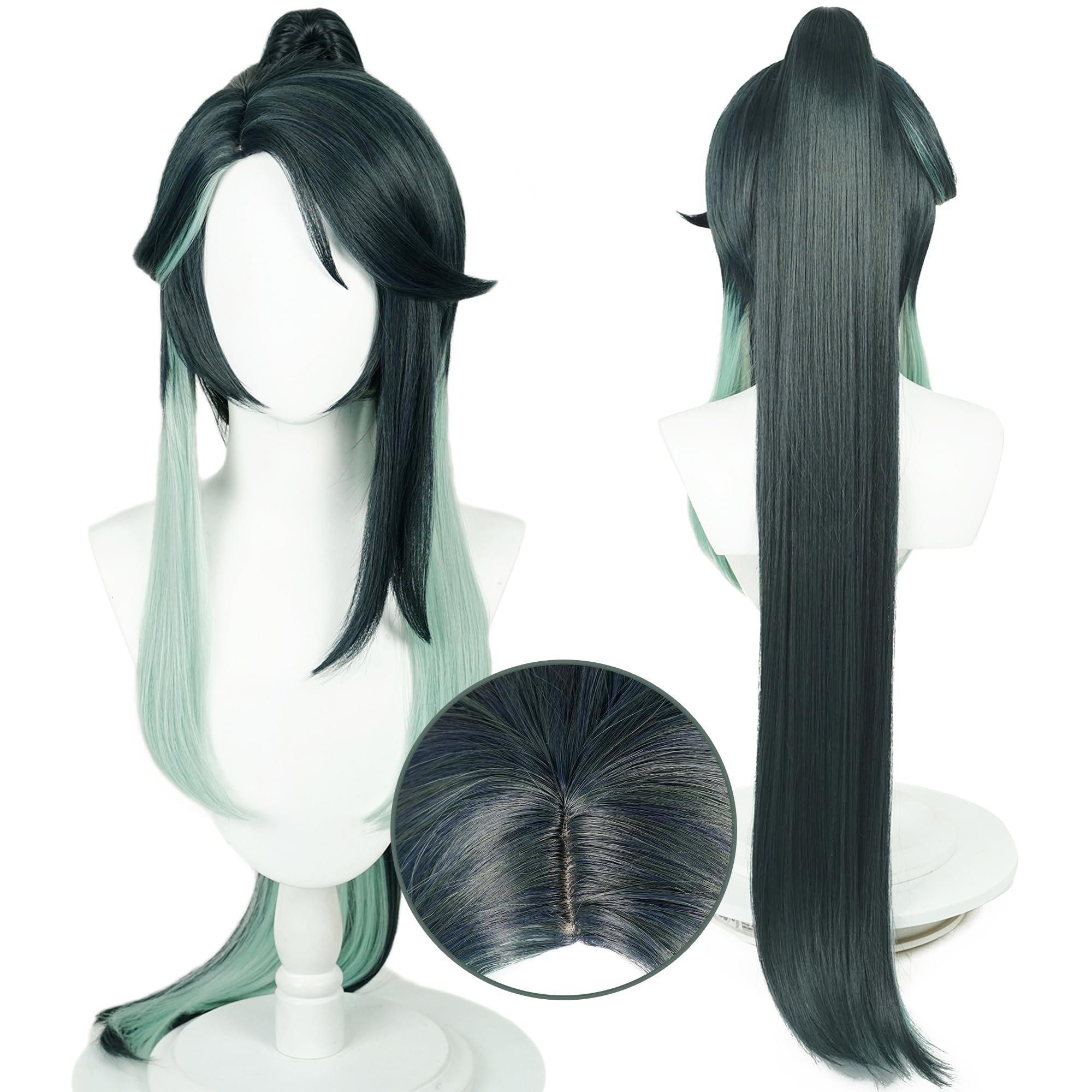 Green Long Straight Cosplay Wig With Tiger Clip Ponytail Heat Resisitant Synthetic Costume Hair for Adult Woemn Halloween Cos Anime Party Replacement Wigs