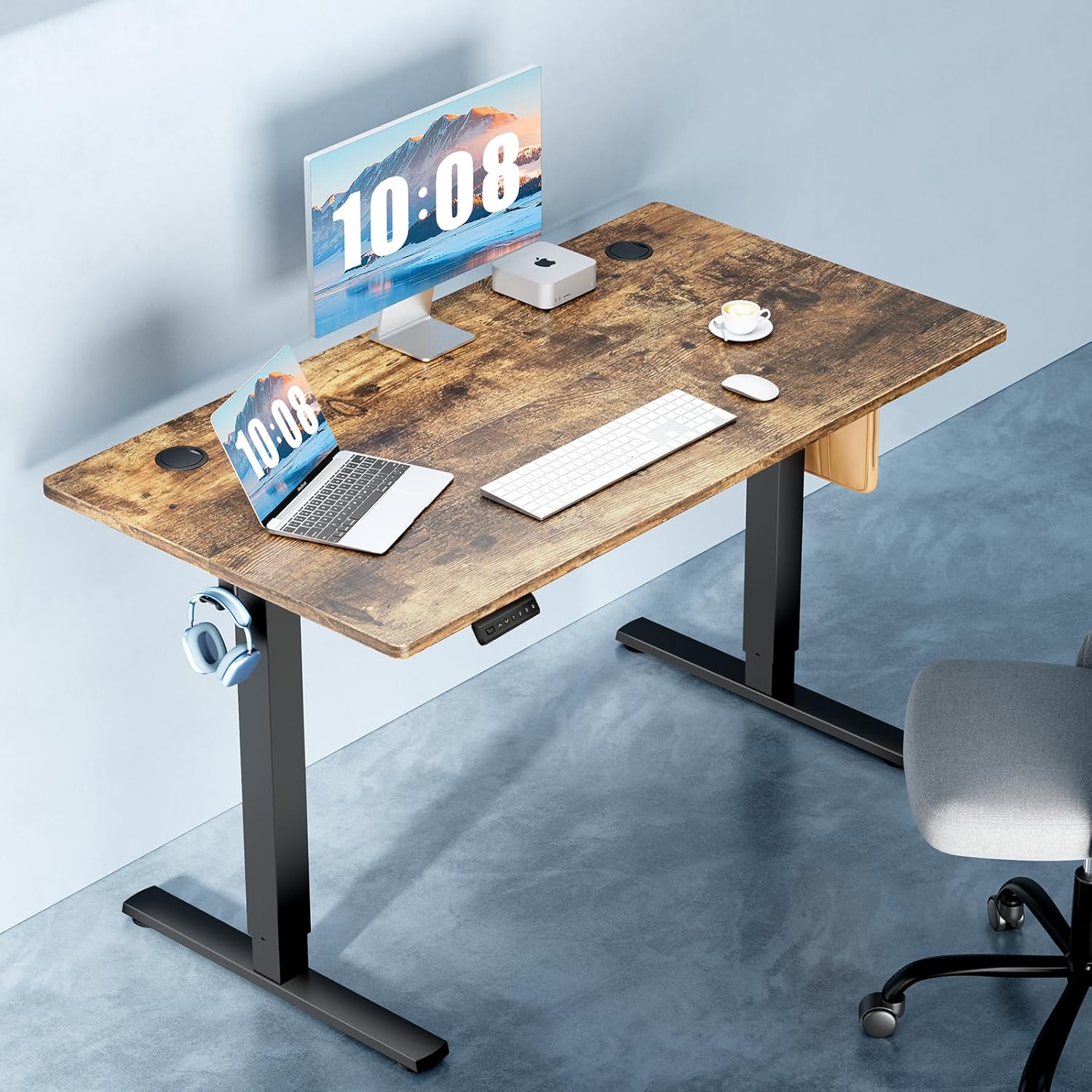 DUMOS 63 Inch Electric Standing Desk Height Adjustable, Sit to Stand Computer Workstations Large Work PC Table Home Office Writing Gaming Desks with Memory Presets for Walking Pad, Bedroom, Rustic