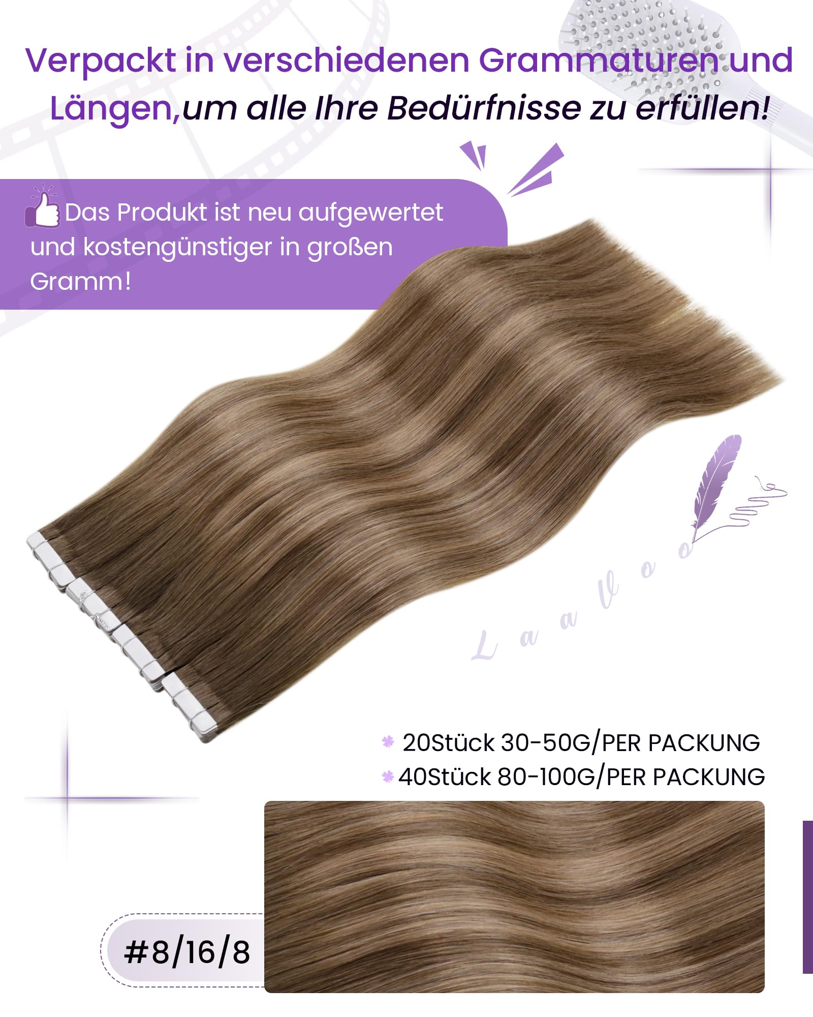 LaaVoo Tape in Hair Extensions Human Hair 100g Tape Hair Extensions Real Human Hair Balayage Light Brown to Blonde Invisible Tapes Remy Straight Hair Double Sided Tabs 40pcs 22 Inch #8/16/8 - Image 3