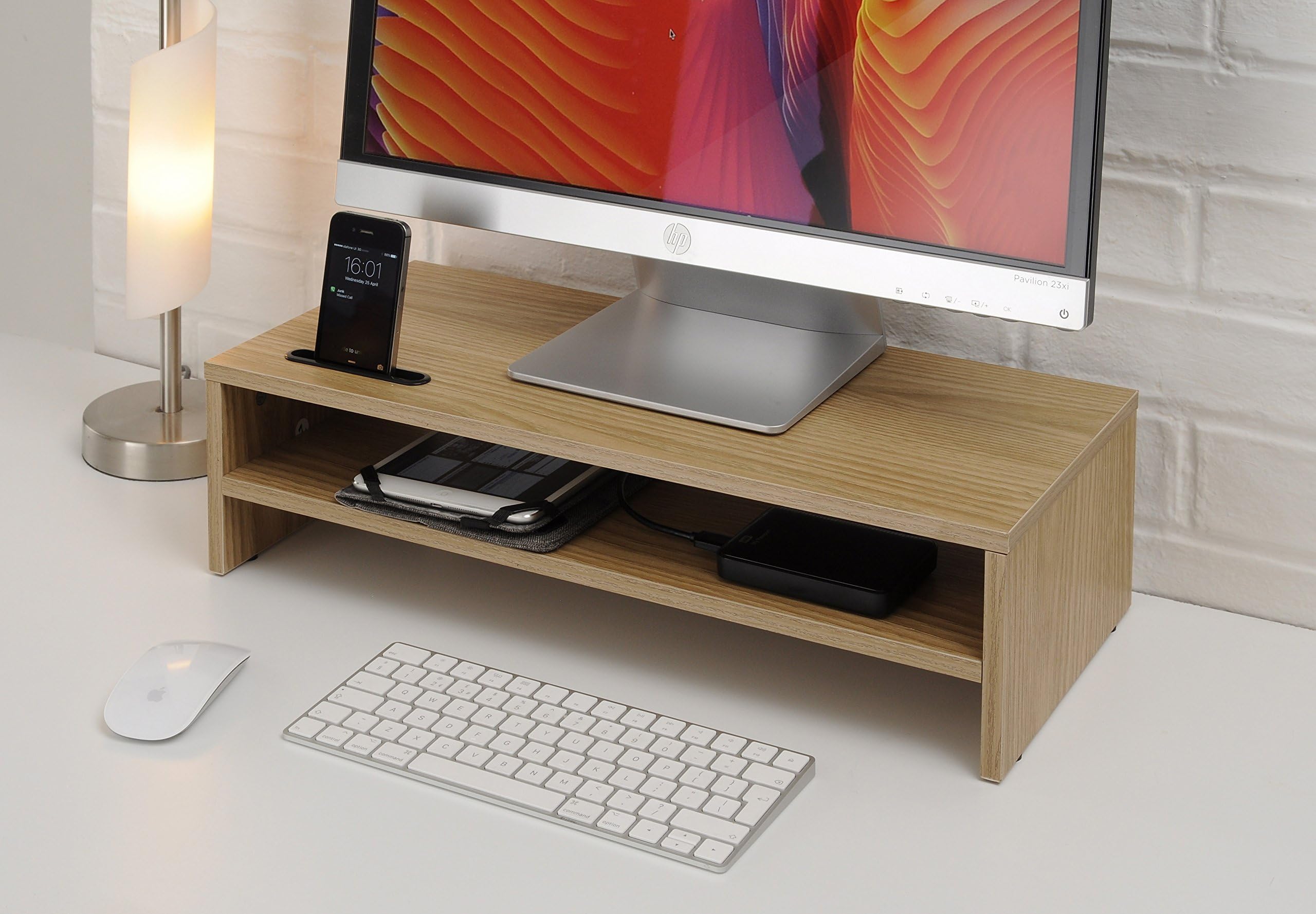 Oak Wood Two Shelf Laptop Stand/TV Desk Stand/PC Monitor Riser/Desk Organiser with Smart Phone Holder / 54cm L x 24.5cm D x 14.4cm H