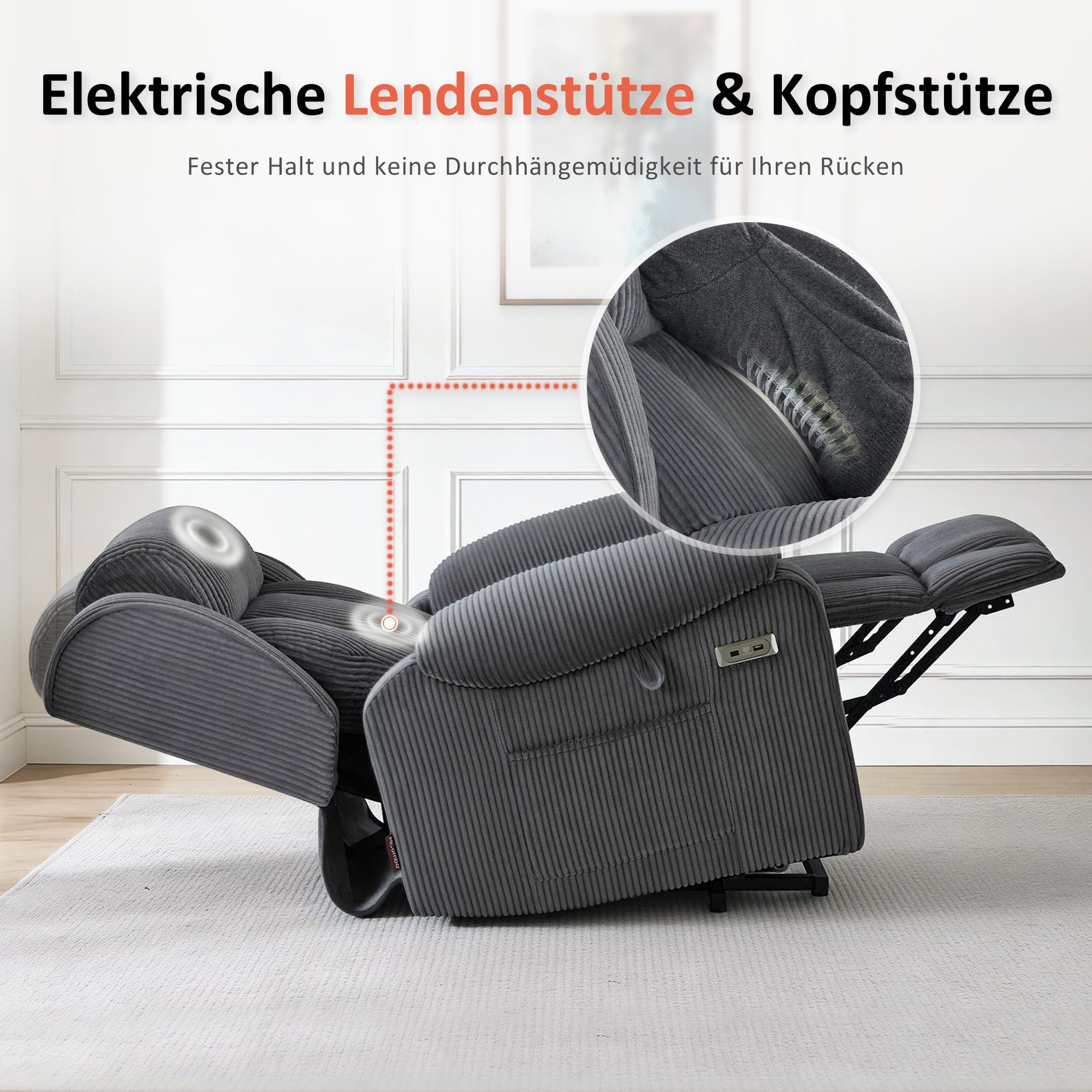 M MCombo 4-Motoren-Fernsehsessel mit Aufstehhilfe Elektrisch, Elektrische Lenden- & Kopfstütze 165°Zero-Gravity Sessel mit Aufstehhilfe, Massage & Heizung 7558 (Dunkelgrau-Stoff)