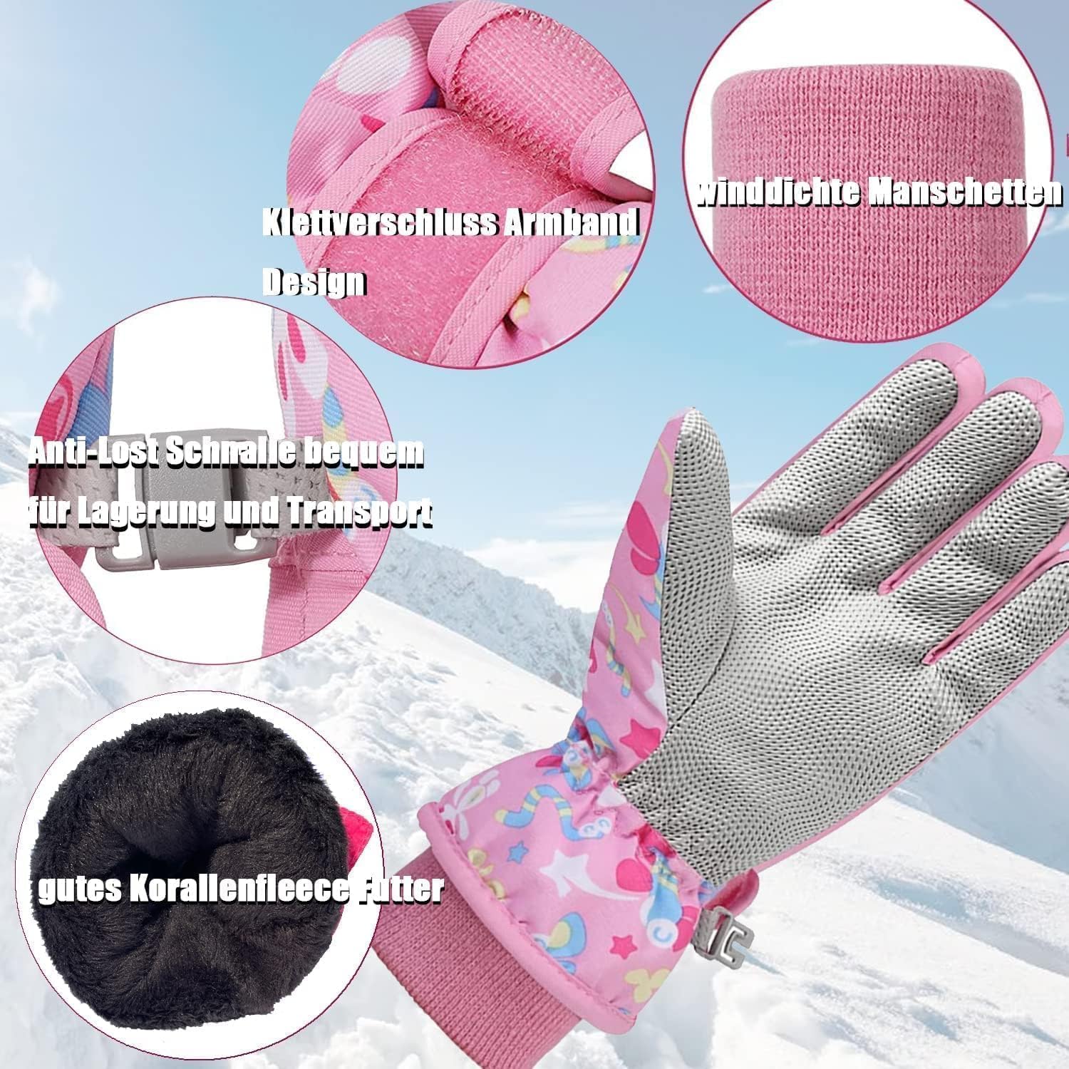 Gants de Ski Enfants moufle Chaud Hiver pour Garçon Fille Coupe-Vent Respirant PU Les Palmiers Neige Ski Snowboard Vélo Équitation Sport 2-13 Ans S