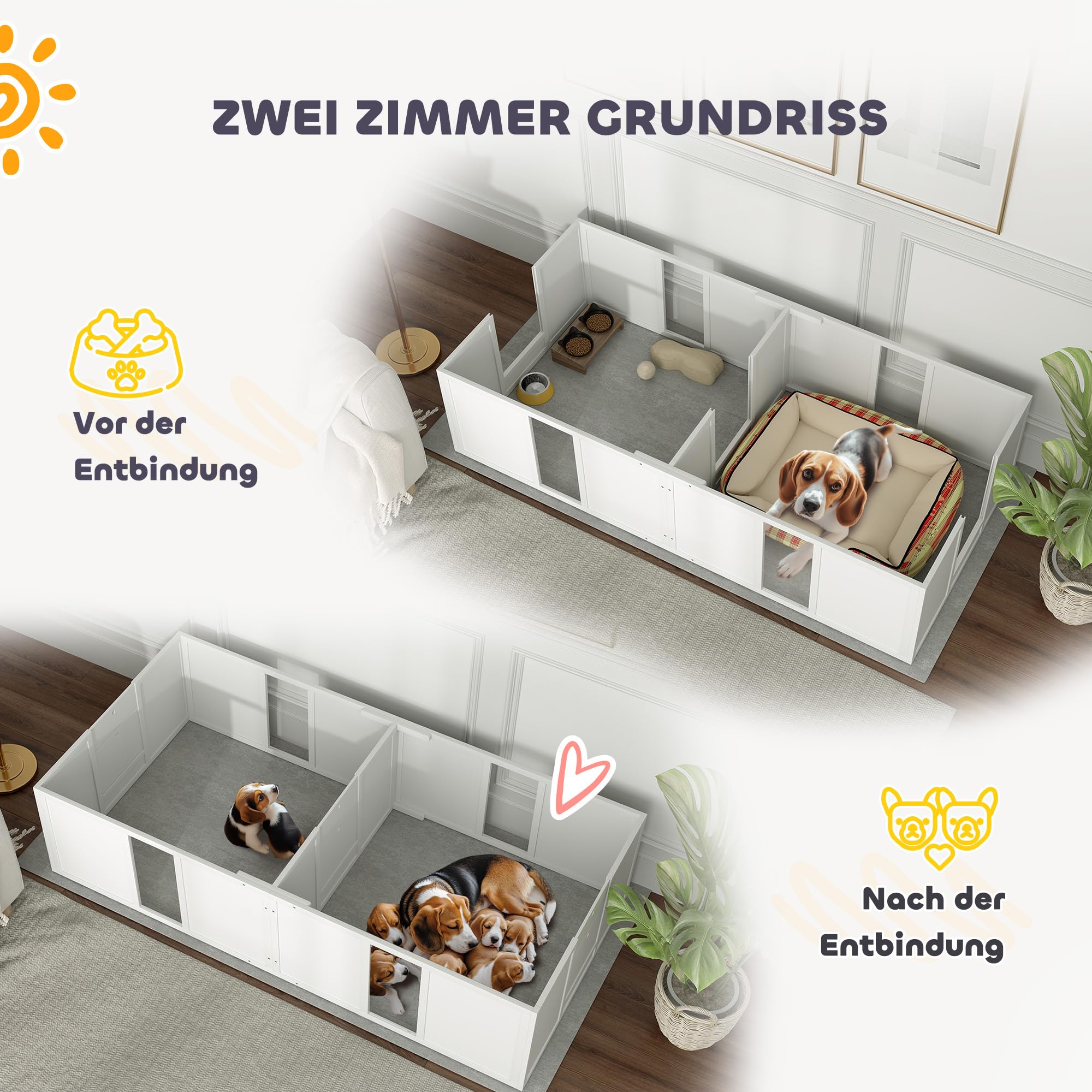 PawHut Wurfkiste für Welpen Hundelaufstall mit Tür 196 x 96 x 48 cm Weiß | Welpenauslauf mit Rutschfeste Bodenschoner, Hunde Wurfbox aus Holz, Welpenlaufstall für Mittelgroße Hunde