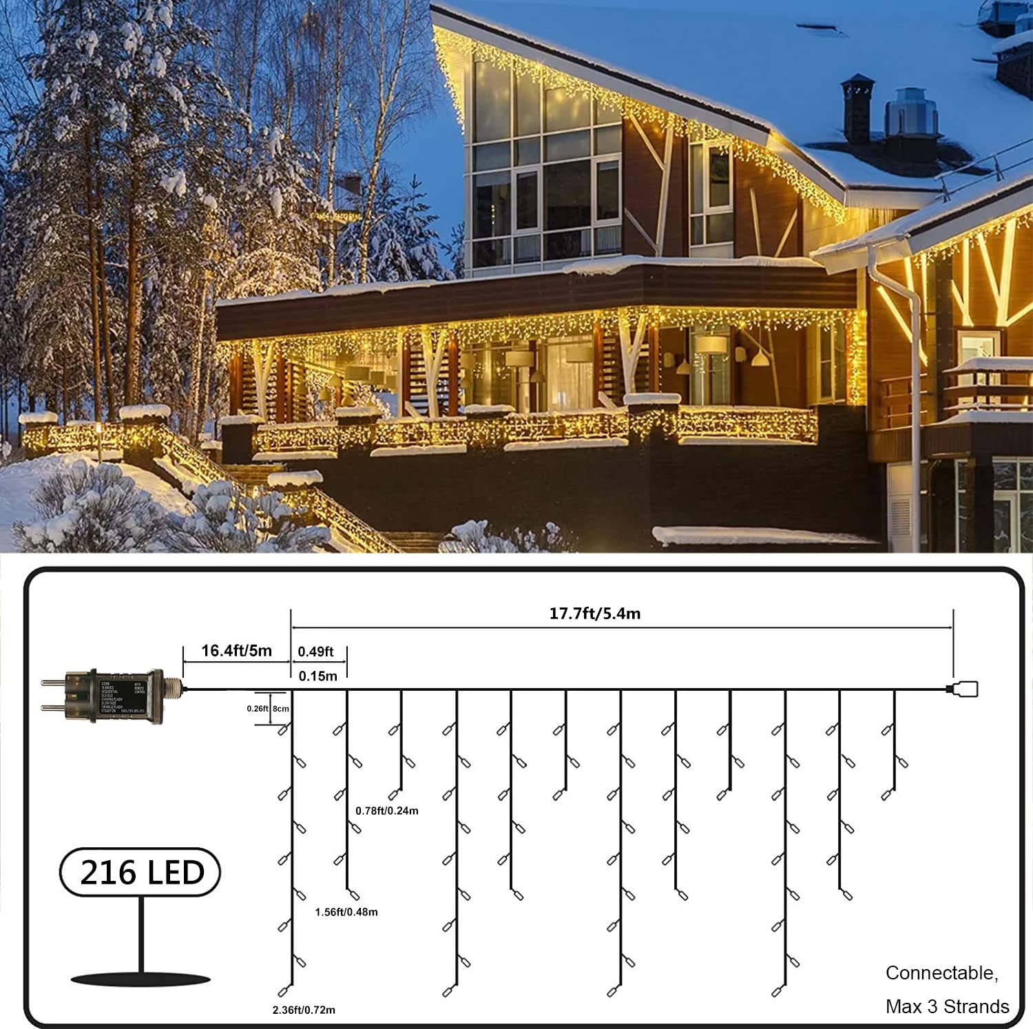 Qedertek Luci Natale Esterno Cascata 5M 216 LED Tenda Luminosa Bianco, Natalizie con Telecomando, 8 Modalità, Timer Decorazione per Feste, Finestra, Balcone