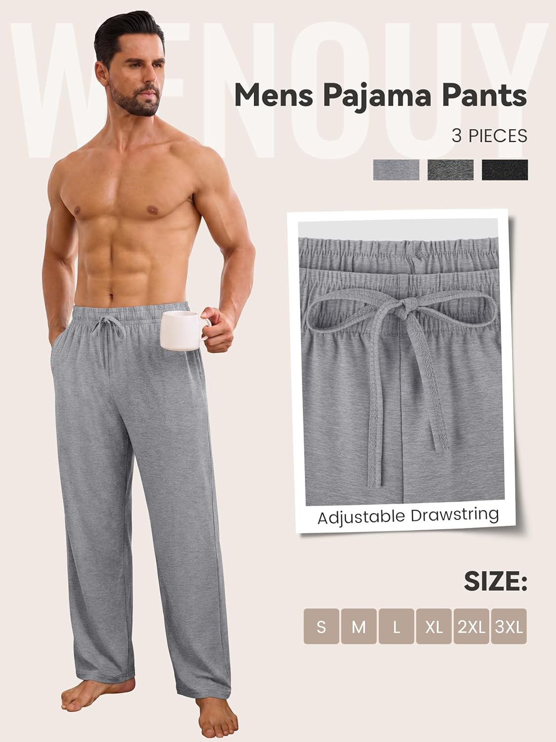 3 Pack Mens Pajama Pants Ultra Soft Comfy Lounge Pants Lightweight Loungewear Sleepwear with Elastic Waist and Pockets