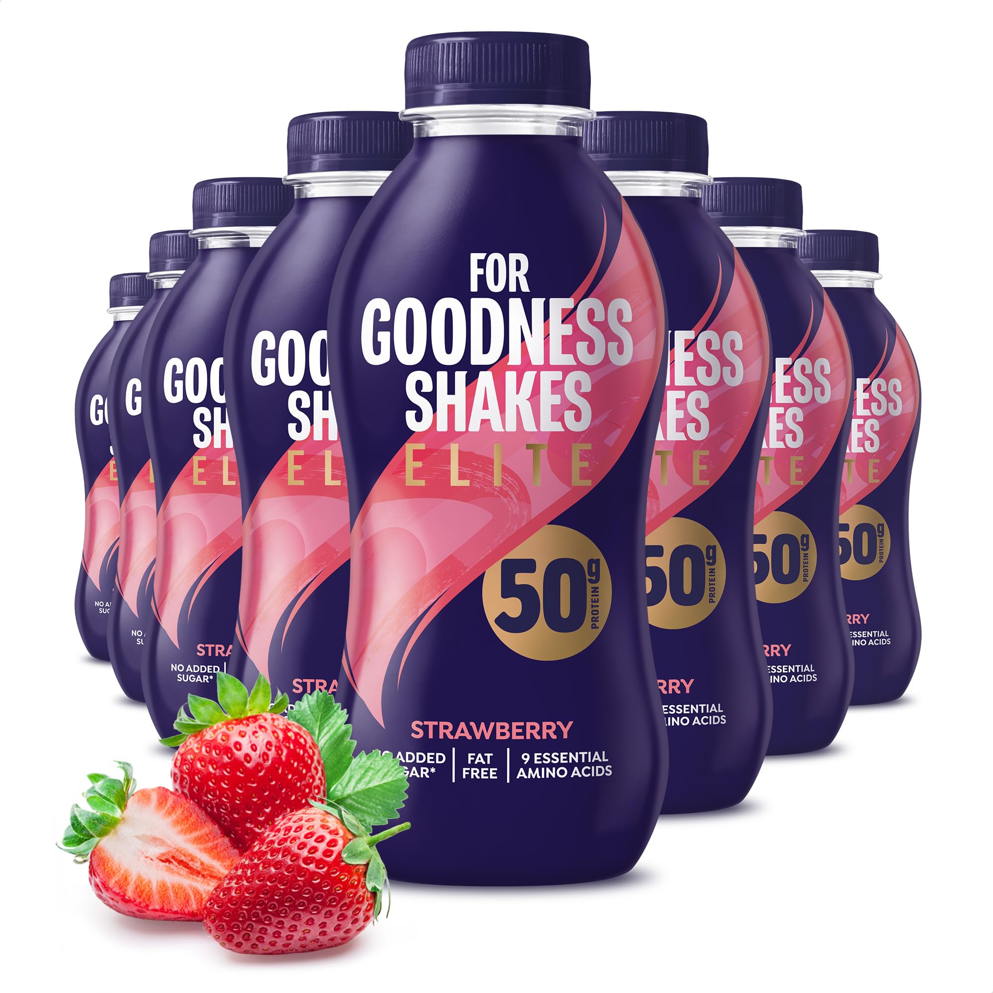 For Goodness Shakes Strawberry Protein Shakes, 50g Protein, High Protein Fat-Free Ready-To-Drink, Vitamin D & B12, No Added Sugar, Low Calorie, Pre & Post Workout, 8 x 471ml