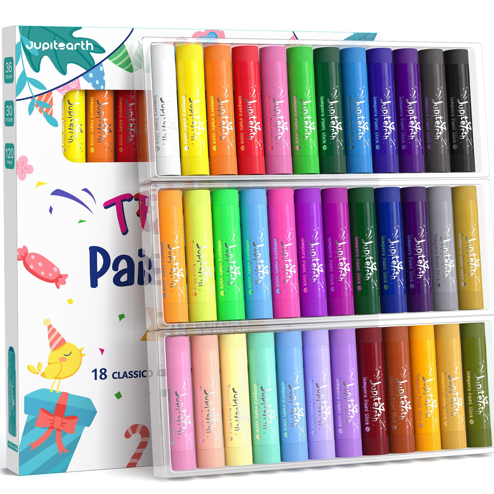 JUPITEARTH 36 Colors Tempera Paint Sticks with 120 PDF Coloring Pages and 30 Stickers, Quick Drying, Smooth, Non-Toxic and Washable Paint Sticks for Kids, Art Supplies for Drawing on Various Objects