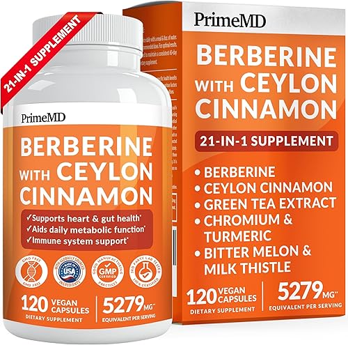 21-in-1 Berberine Supplement with Ceylon Cinnamon with Chromium, Bitter Melon and Green Tea Extract and Black Pepper Extract 5X for Energy &