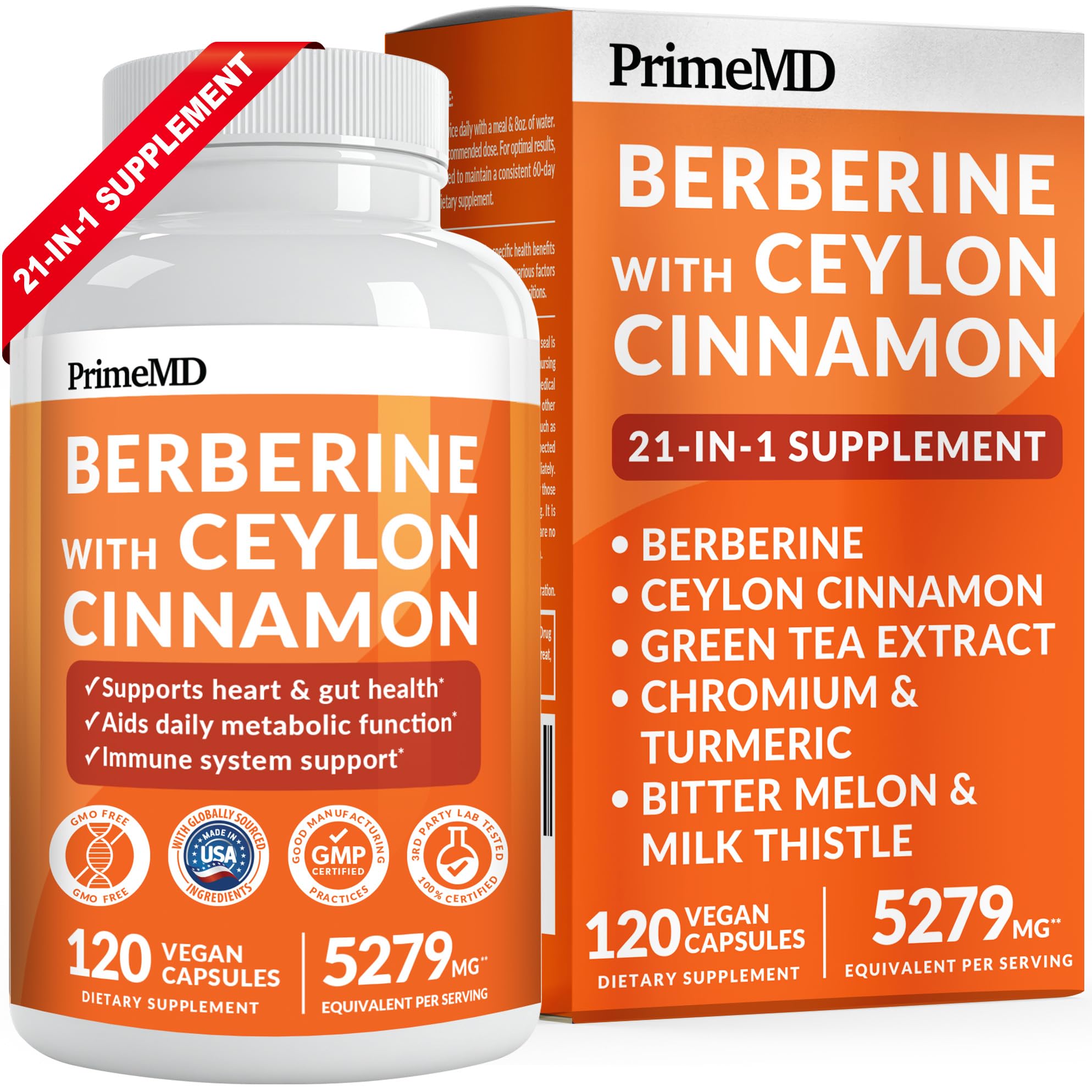 21-in-1 Berberine Supplement with Ceylon Cinnamon with Chromium, Bitter Melon and Green Tea Extract and Black Pepper Extract 5X for Energy & Metabolism Support with 5279 mg (120 ct, Pack of 1)