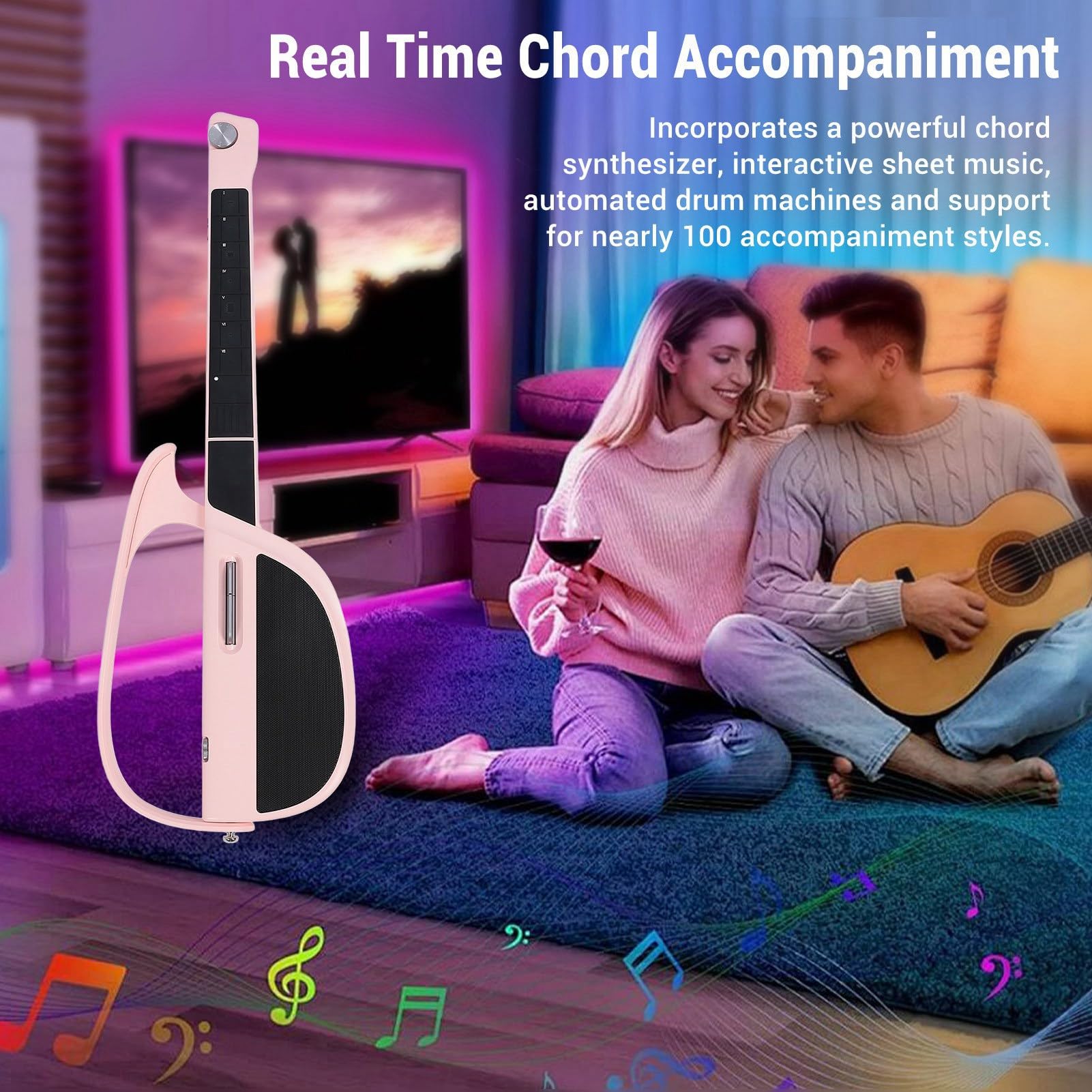 Guitarra de Acompañamiento sin Cuerdas, Guitarra Eléctrica C1 con Acompañamiento Automático, Guitarra de Bolsillo Plegable, para Principiantes, Adultos y Adolescentes (Rose)