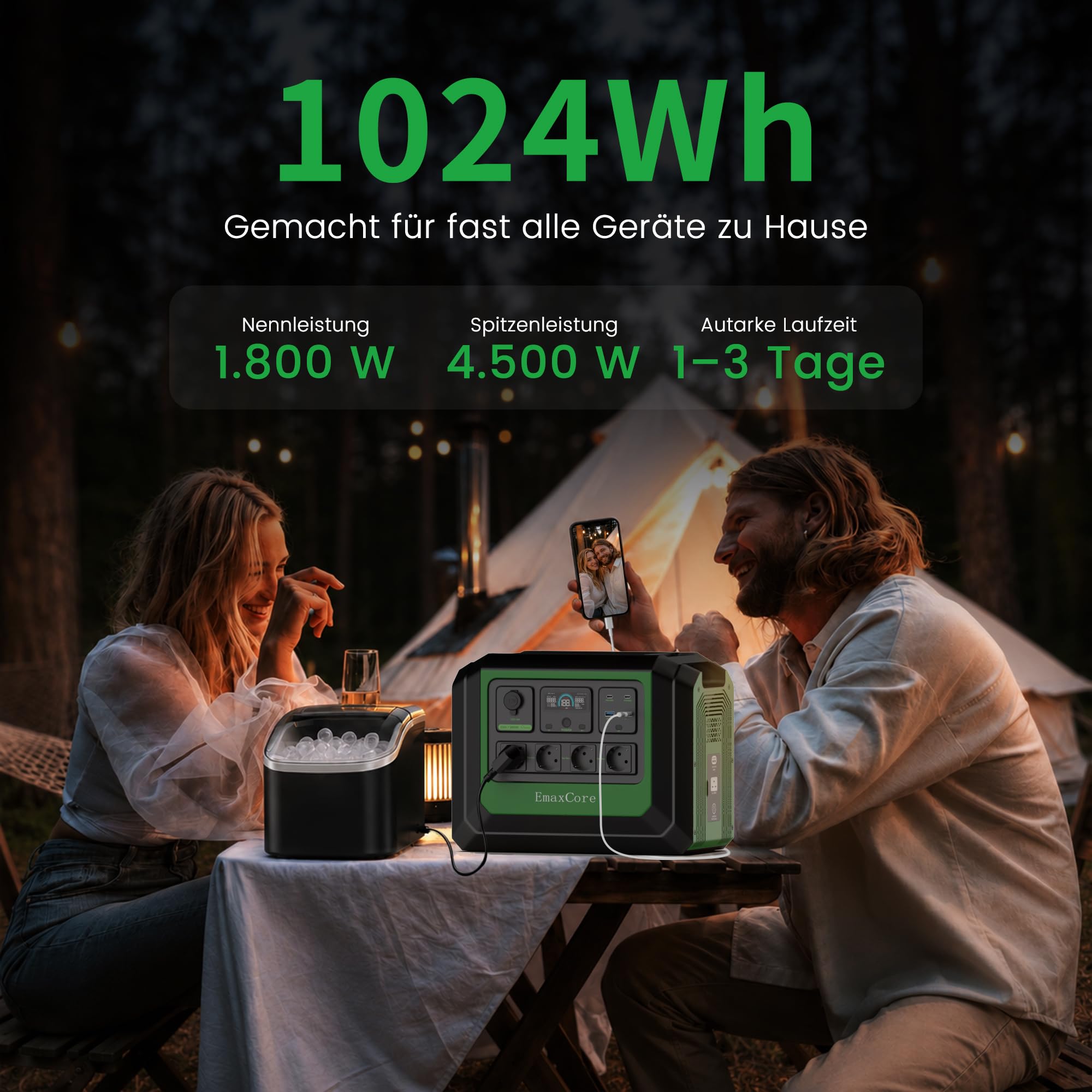 Tragbare Powerstation 1024Wh LiFePO4, 1800W Solargenerator, 230V
