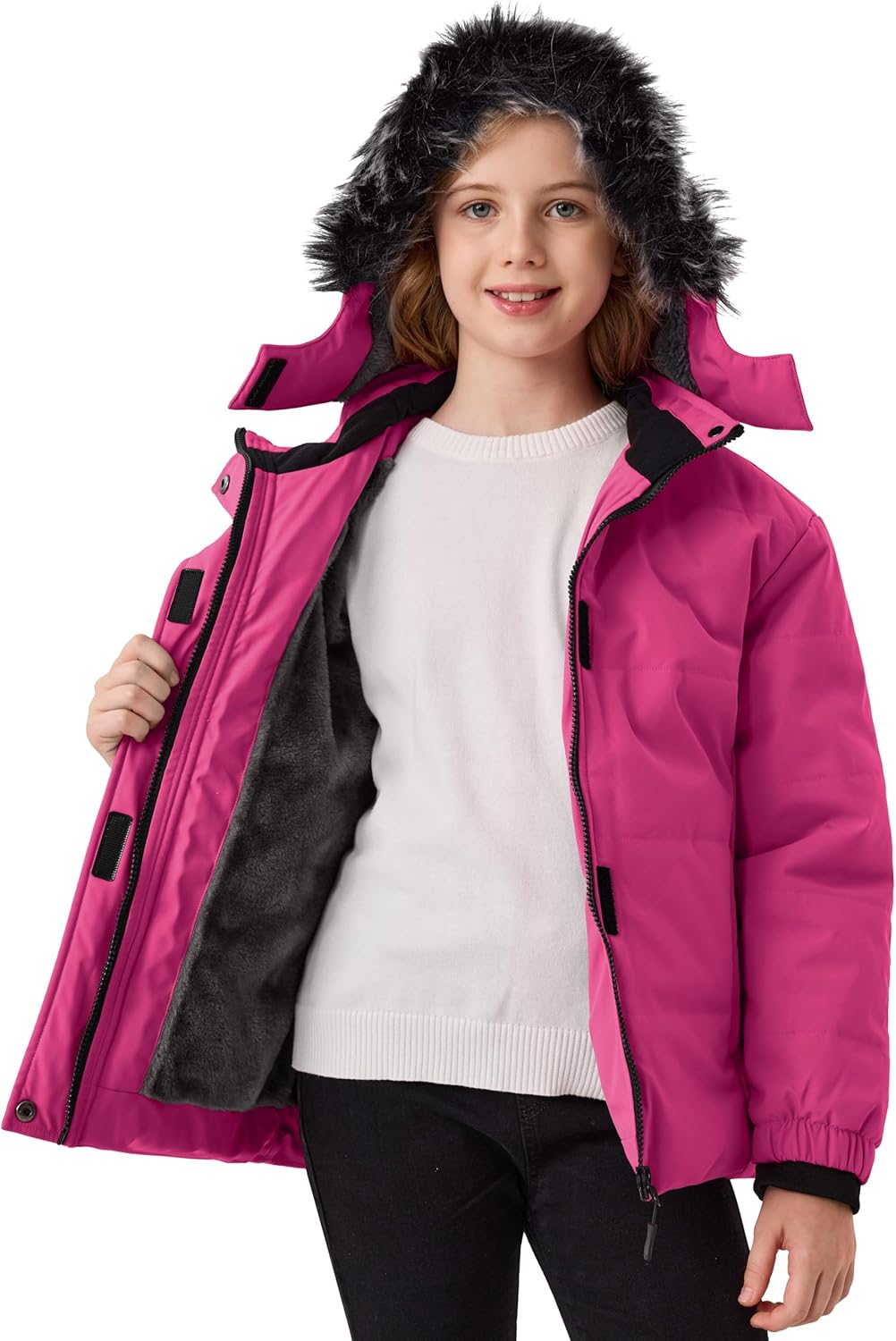 Girls Winter Coats with Removable Hood Waterproof Windproof Warm Fleece Zip Up Outerwear Jackets with Zip Pockets