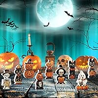 Vista 6 de Jetec 9 piezas de bonitas decoraciones de Halloween para interiores, bandeja escalonada de madera, letrero de mesa retro de calabaza, fantasma