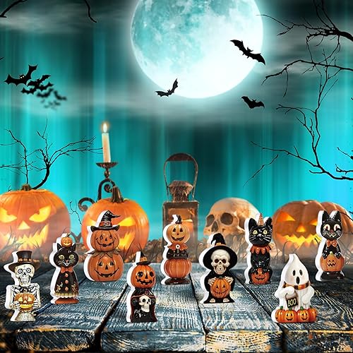 Miniatura 6 de Jetec 9 piezas de bonitas decoraciones de Halloween para interiores, bandeja escalonada de madera, letrero de mesa retro de calabaza, fantasma,